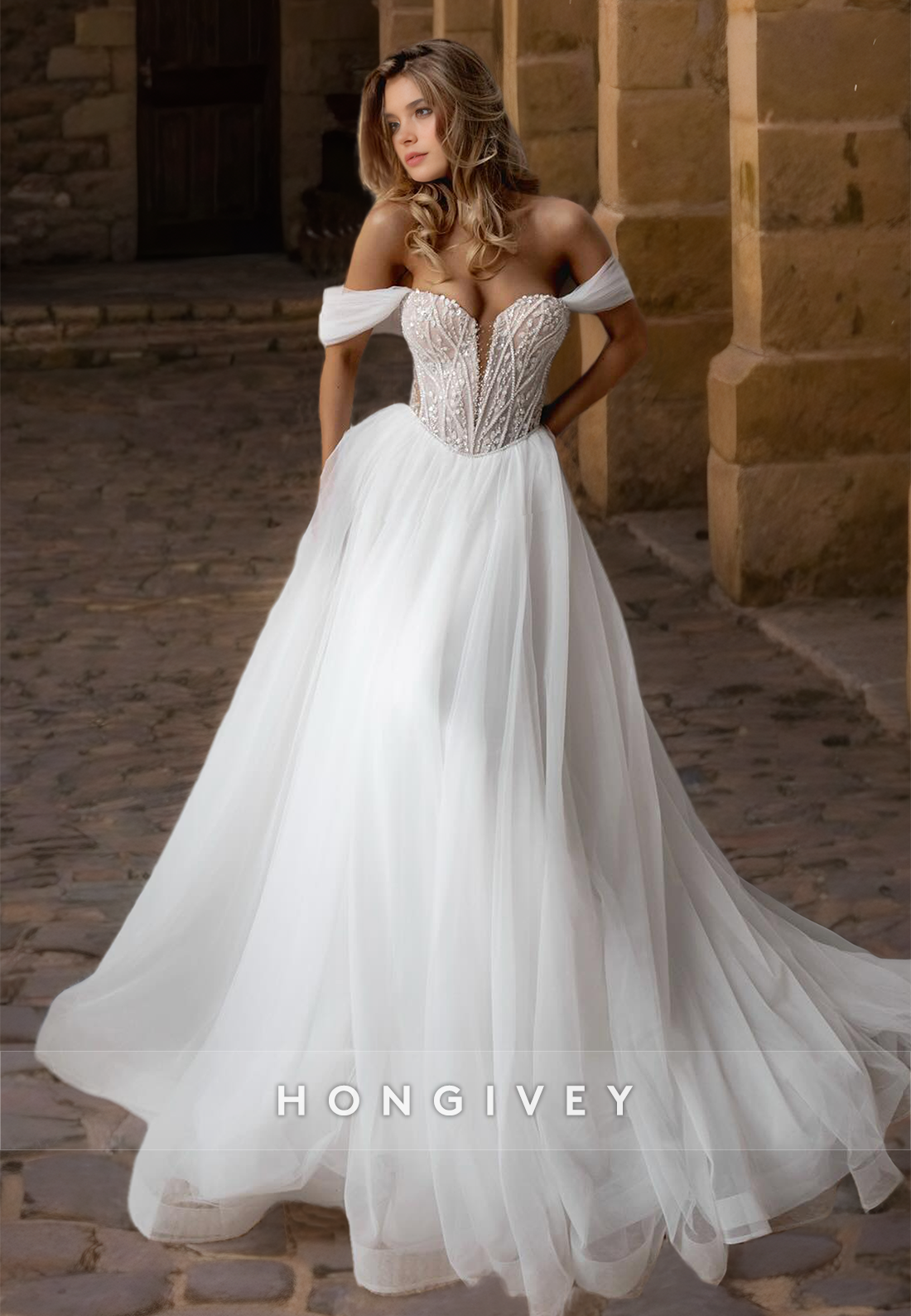 Classic Offshoulder Wedding Dress Sweetheart Aline Tulle Bride Gown