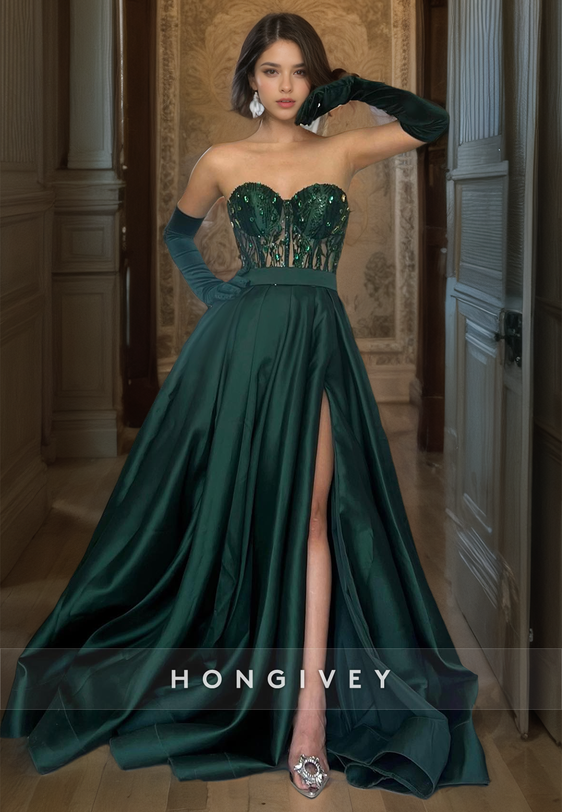 Pine Dark Green Strapless Aline With Gloves Glitter Evening Dress Prom Dress