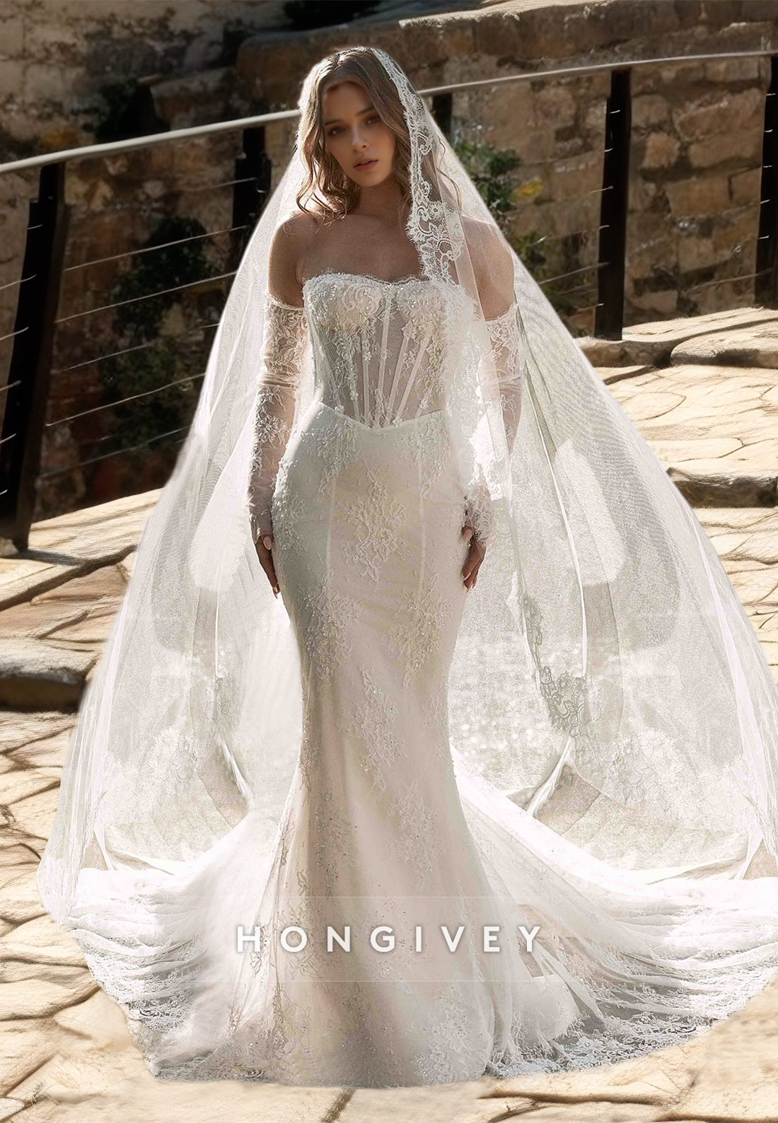 Gorgeous Sweetheart Applique Mermaid Wedding Dress Sleeves Glitter Bride Gown