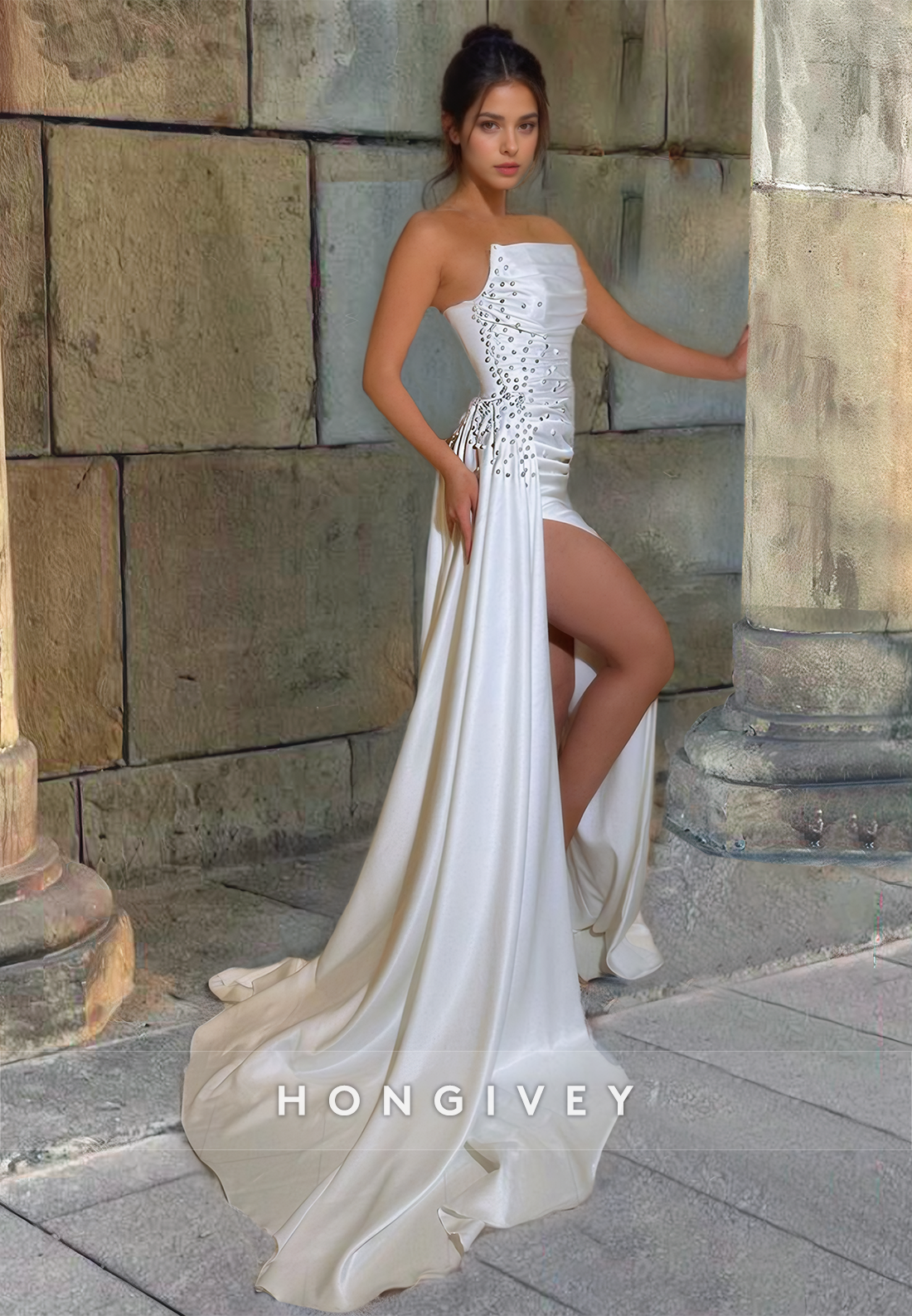 Beaded Embellished Strapless High Slit With Train Party Evening Prom Dress