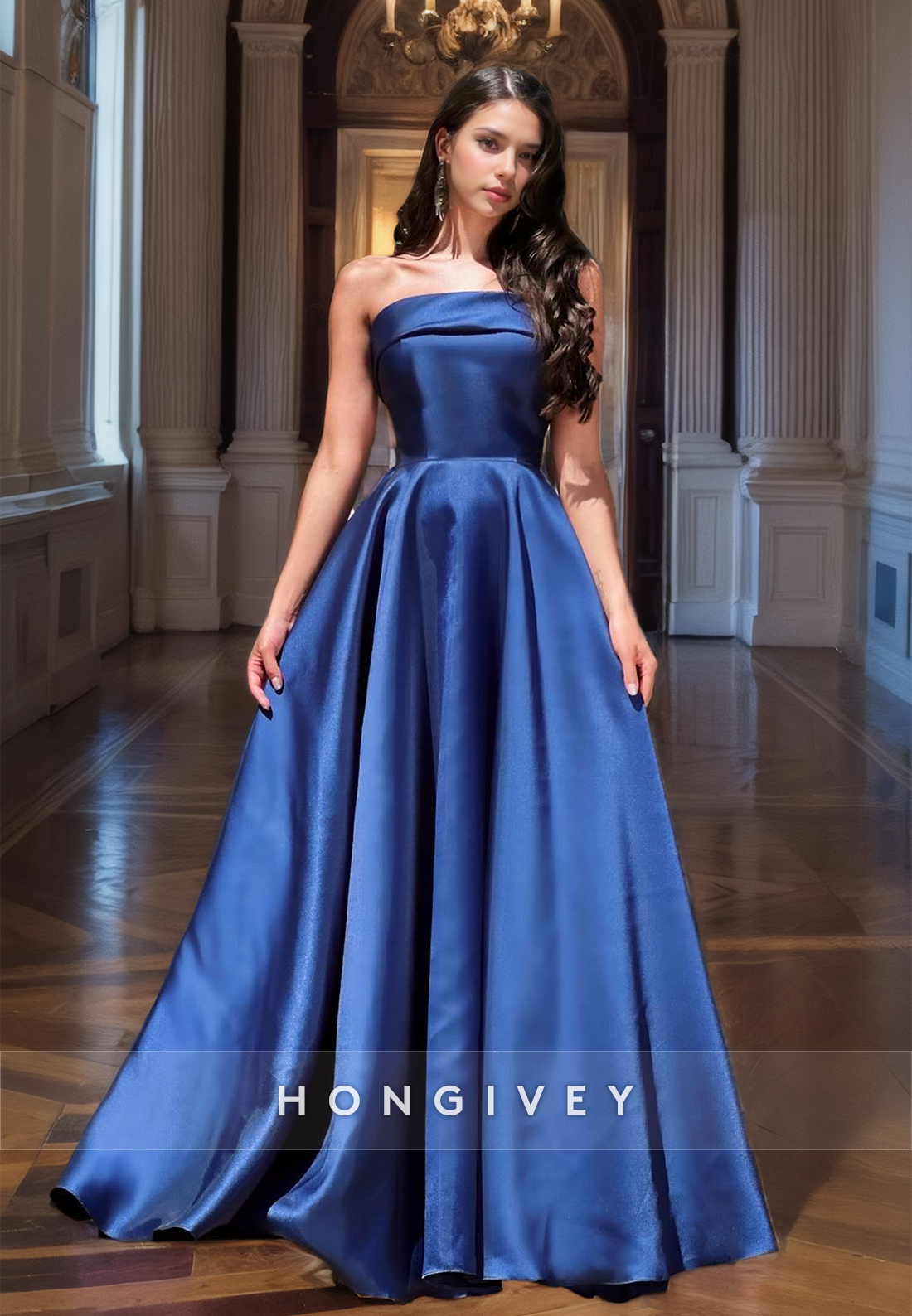 Dark Navy Strapless Ruched Aline Satin Long Prom Dress Formal Party Gown