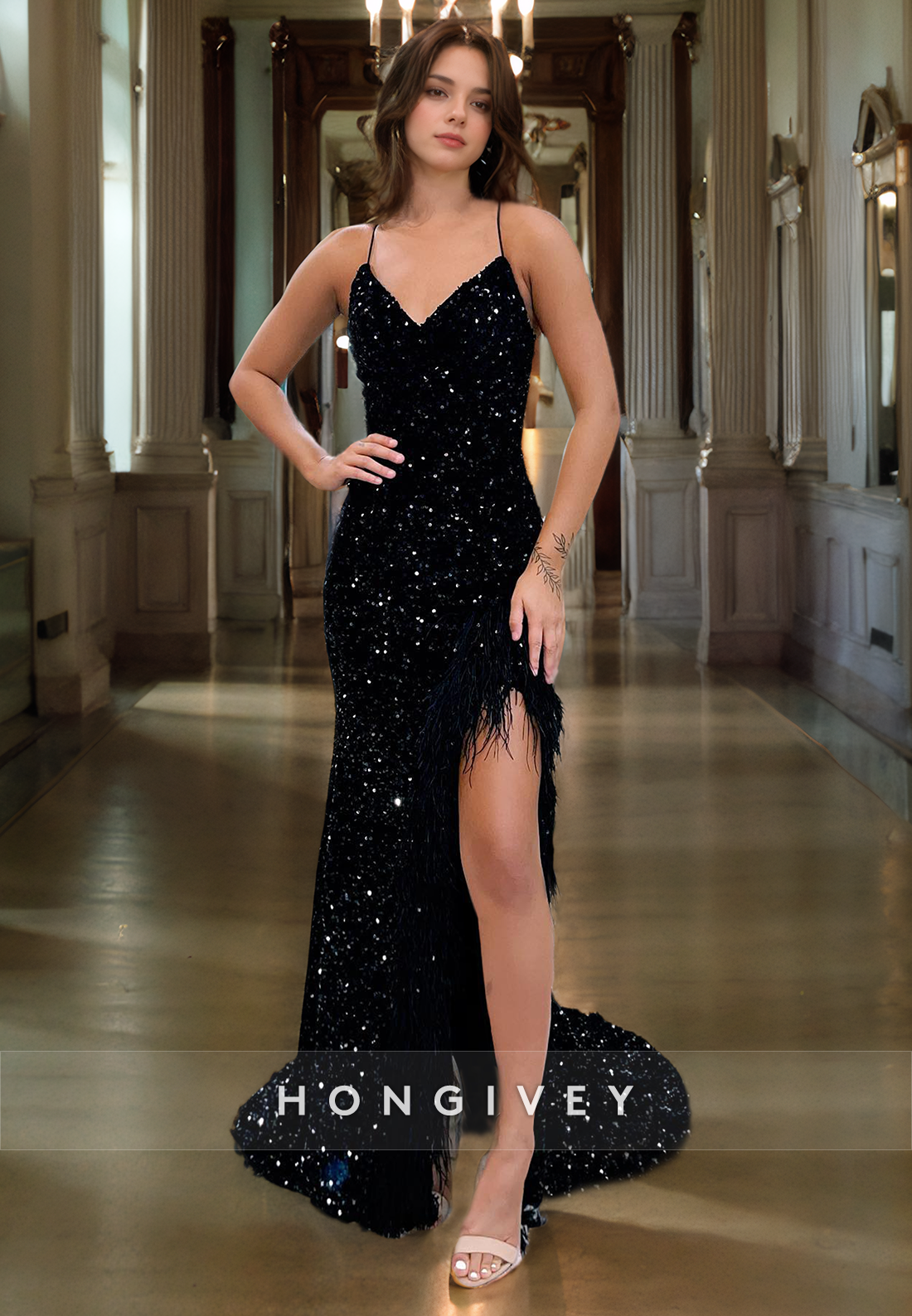 Sparkle Sequined Feathers Spaghetti Straps Vneck Evening Dress Formal Party Gown