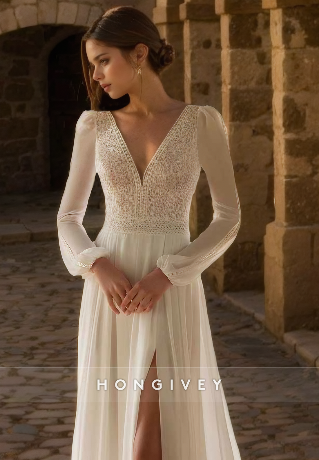 Casual Aline Vneck Long Sleeve With Side Slit Sheer Wedding Dress