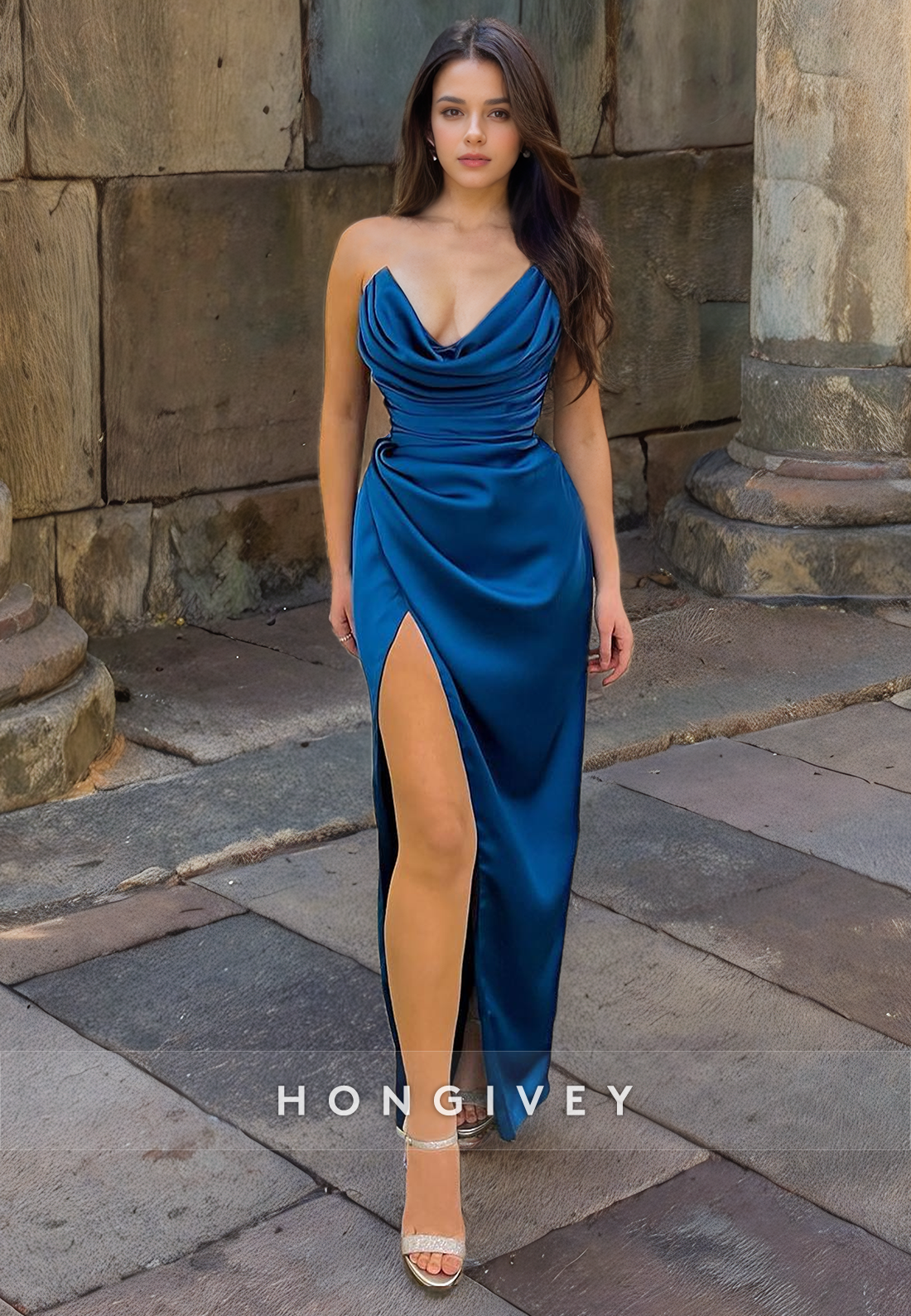 Sexy Ruched Sleeveless Satin Classic Vneck Evening Dress