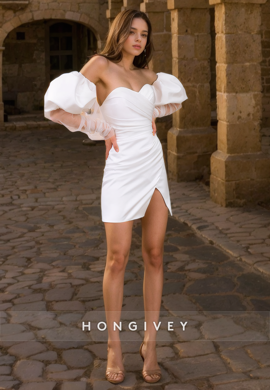 Casual Satin Fitted Sweetheart Puff Sleeves Short Wedding Dress