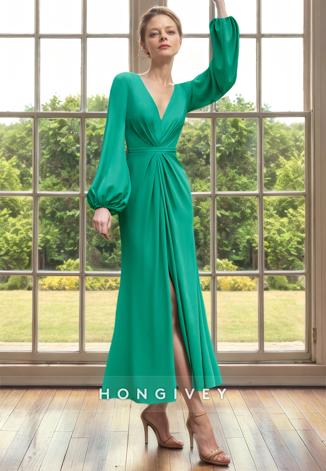 Vneck Long Sleeve Aline Empire With Slit Cocktail Evening Dress