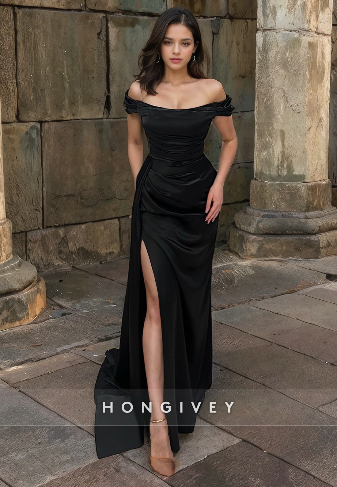 Classic Bateau Offshoulder With Slit Formal Party Gown Evening Dress