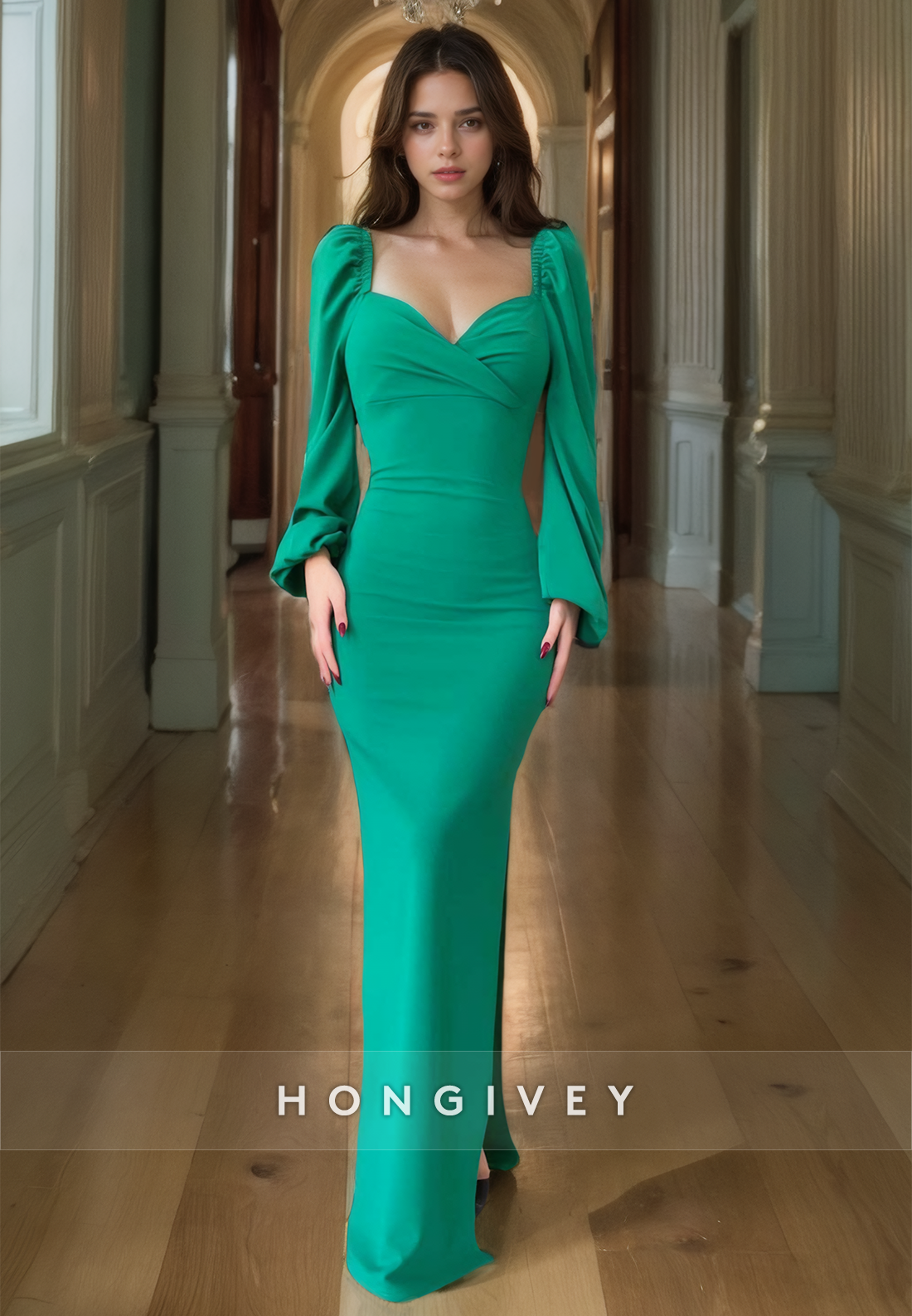 Square Long Sleeves Elegant Mermaid Evening Dress Formal Party Gown