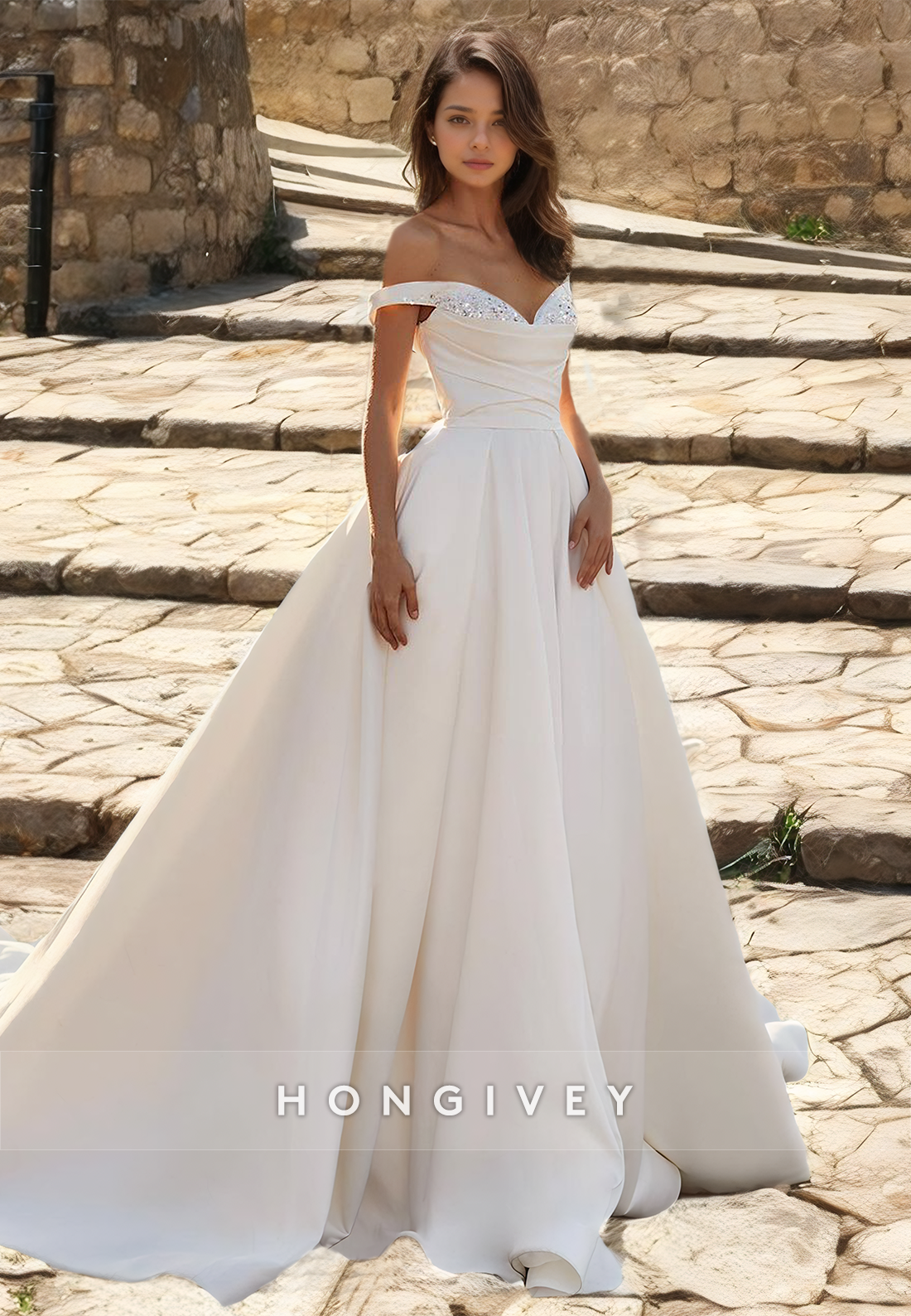 Sexy Satin Aline Offshoulder Empire Ruched With Train Wedding Dress