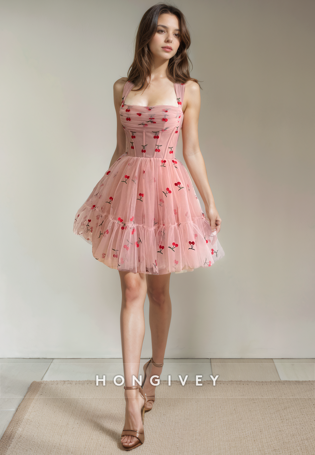 Tulle Aline Square Spaghetti Straps Appliques Short Party Homecoming Dress