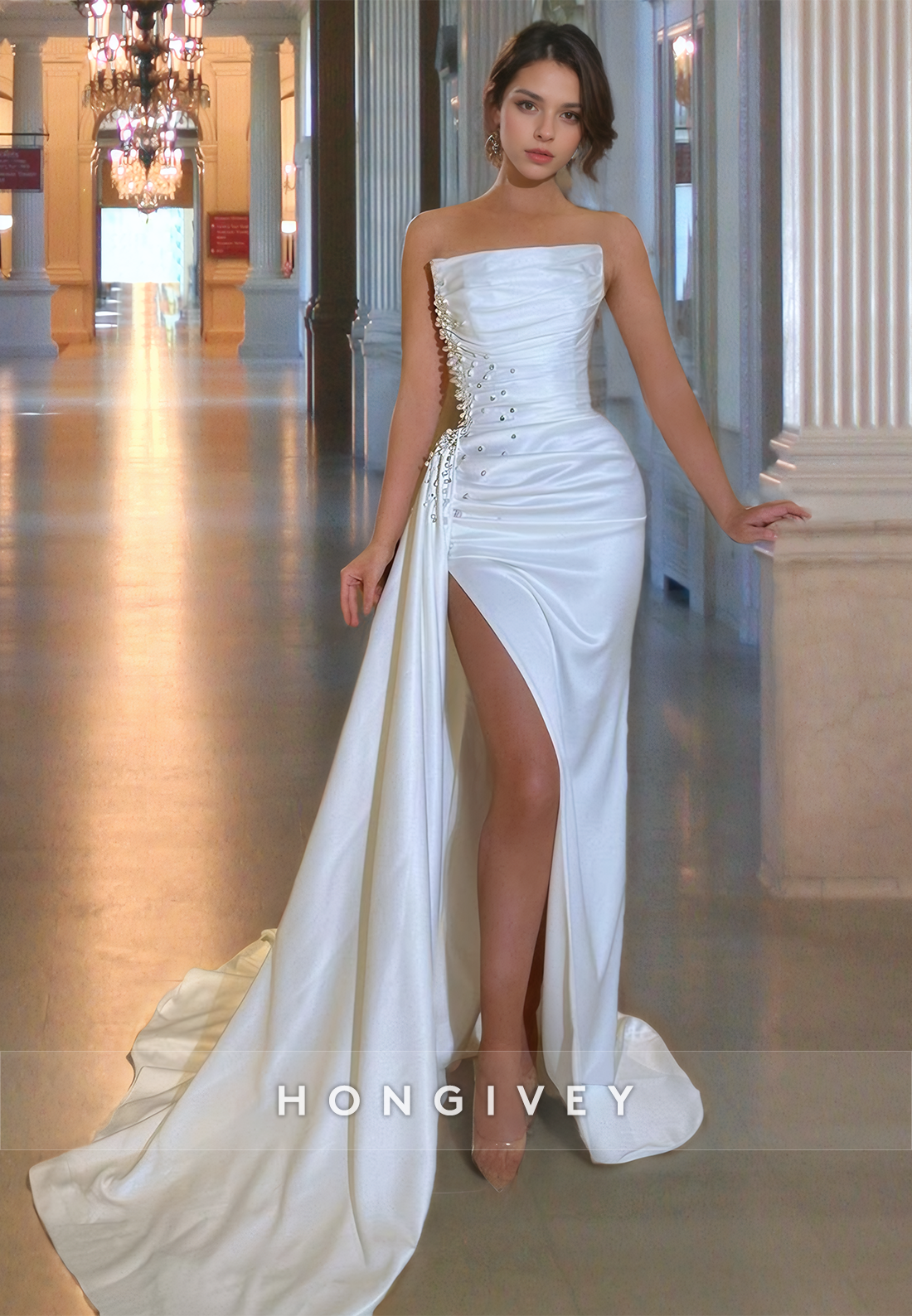 Beaded Embellished Strapless High Slit With Train Party Evening Prom Dress