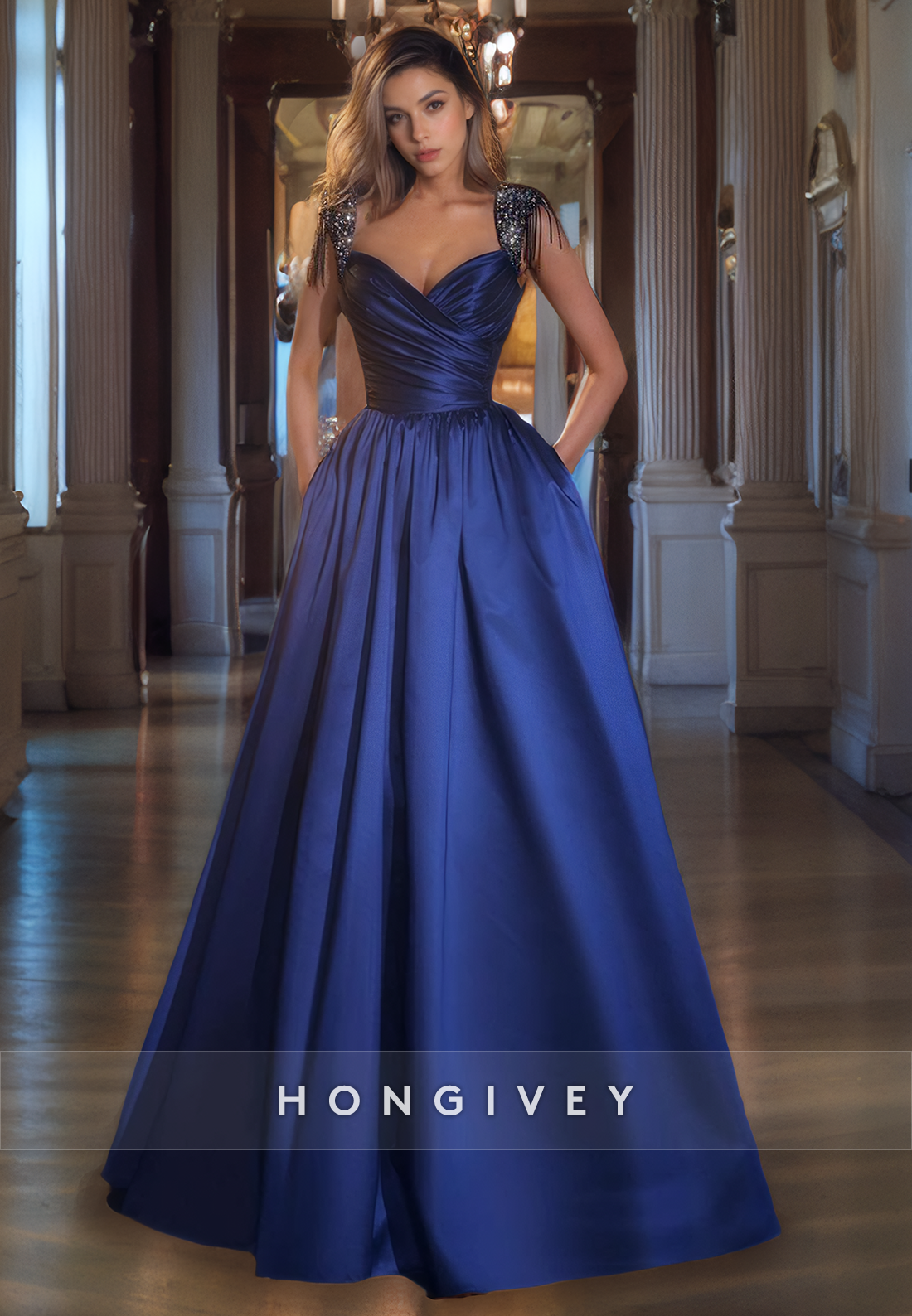 Classy Royal Blue Satin Ruched Prom Dress Aline Sweetheart Floor Length Evening Party Dress