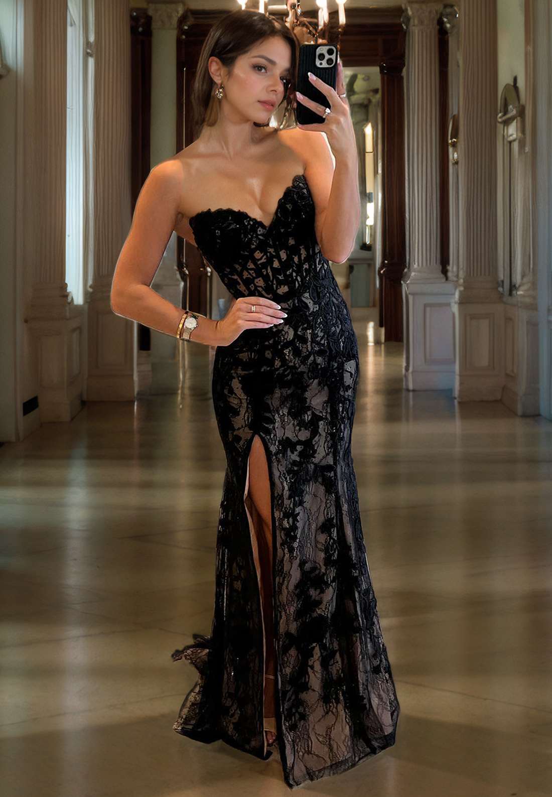 L Sexy Black Fitted Illusion Vneck Sleeveless With Side Slit Party Prom Evening Dress