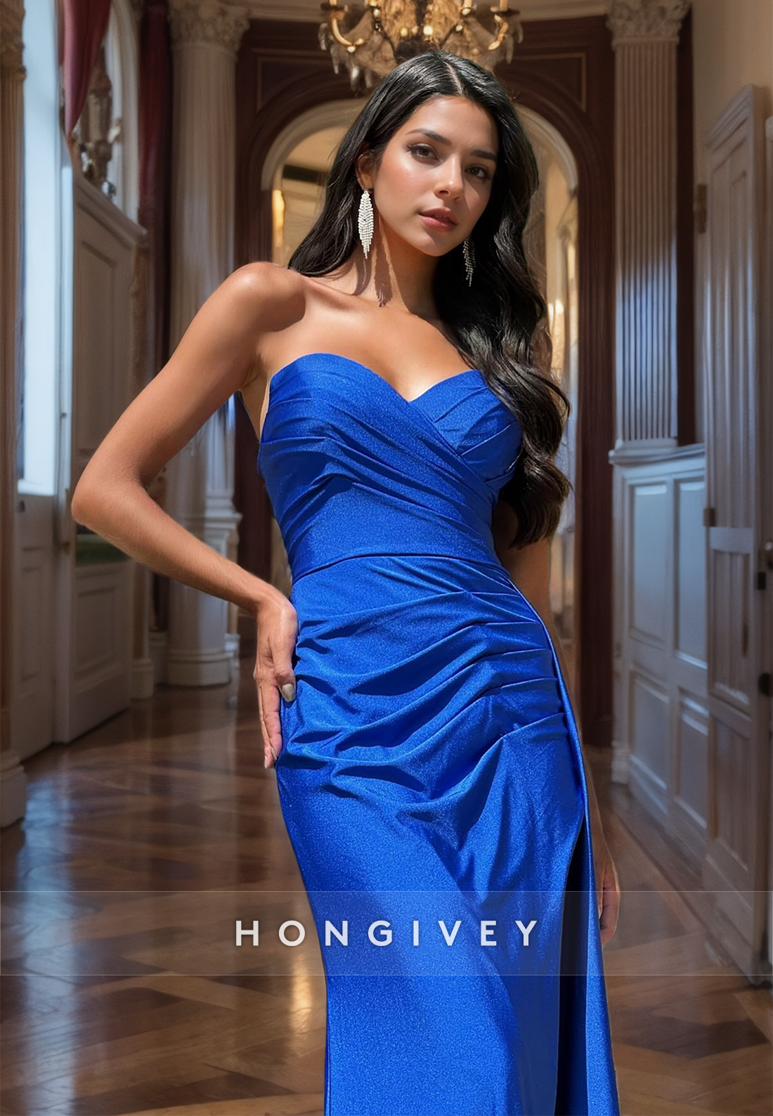 Elegant Royal Blue Strapless Mermaid Evening Dress Formal Party Gown High Quality