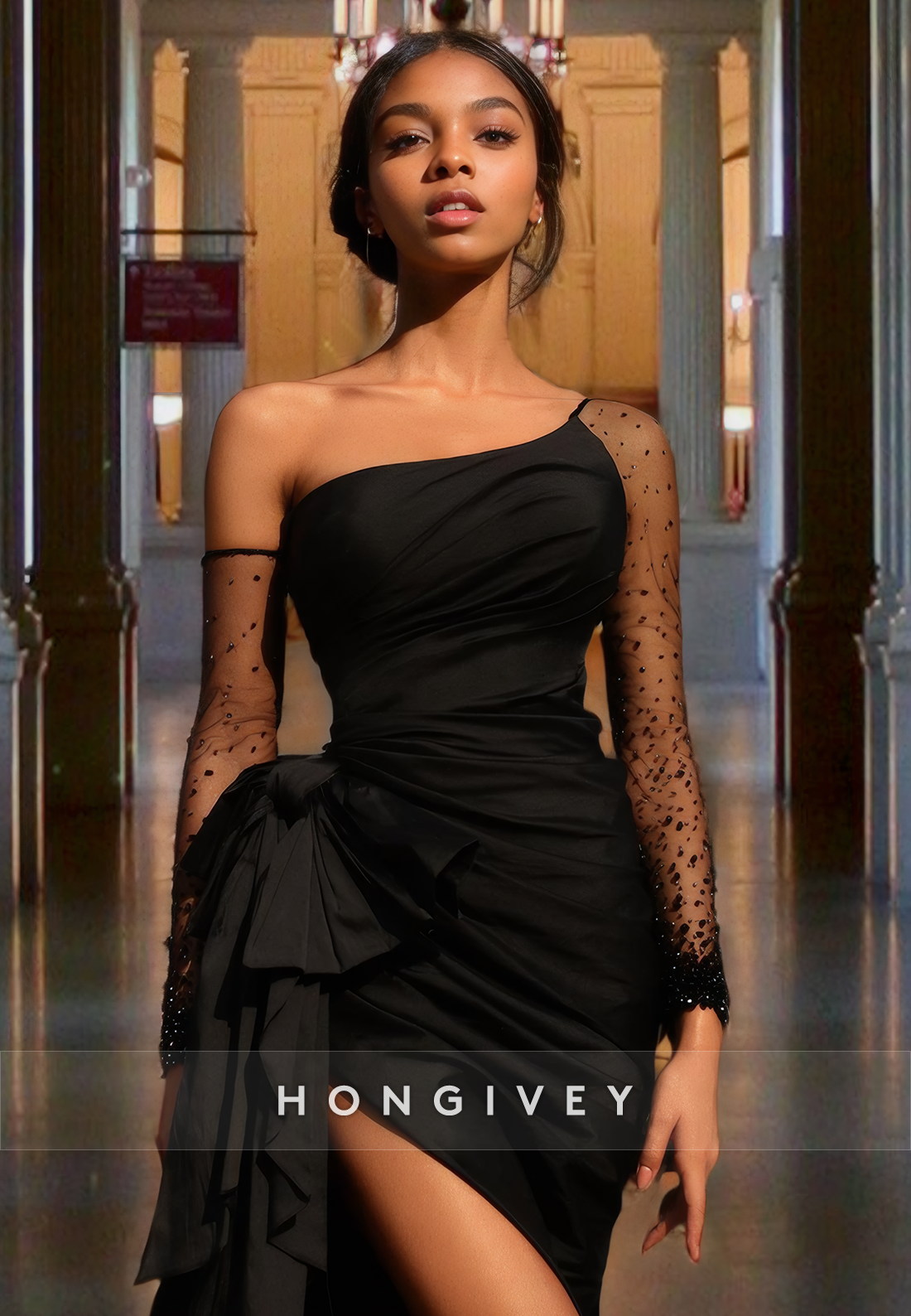 Luxurious Black Beaded Evening Dress With Long Mesh Sleeves Satin Prom Gown With Bow And High Splits