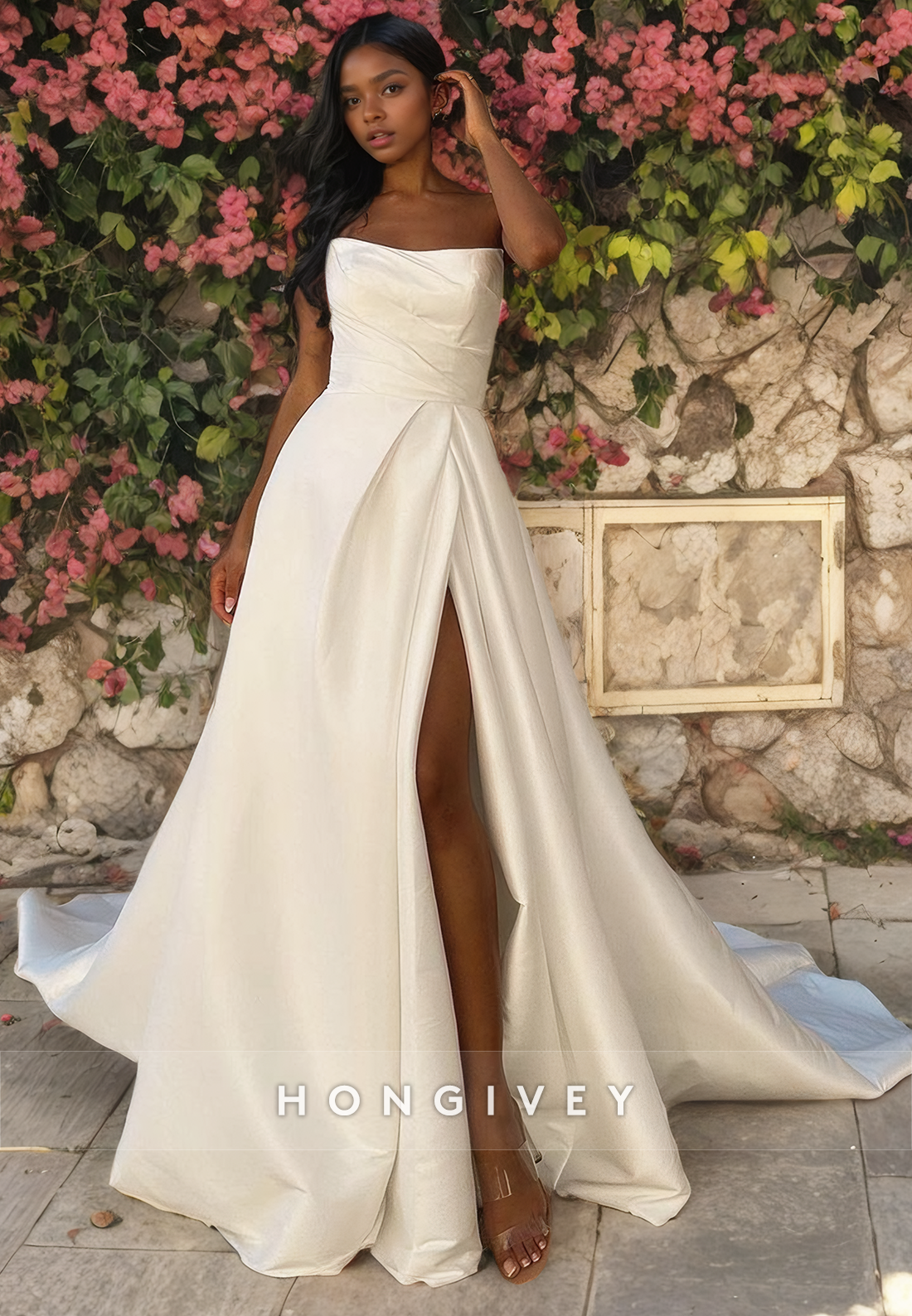 Simple Strapless Satin Aline With Side Slit Wedding Dress Bride Gown