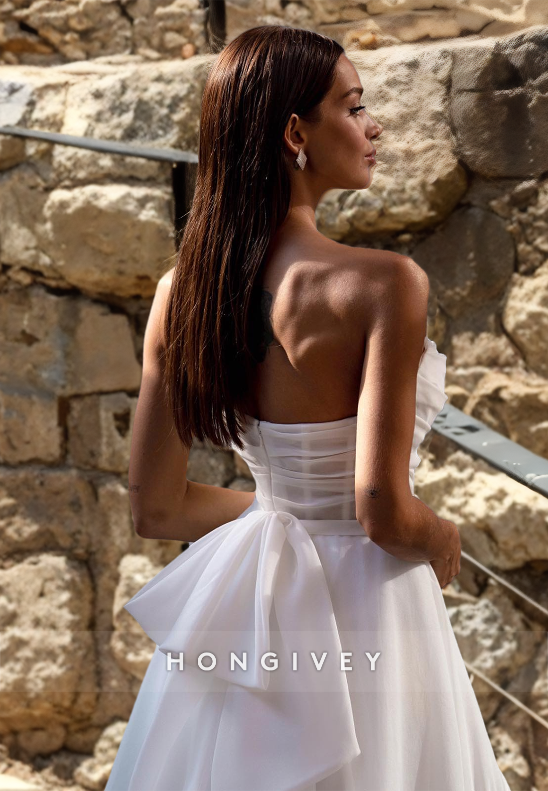 Illusion Strapless Laceup Back Bow Detail With Train And Slit Wedding Dress