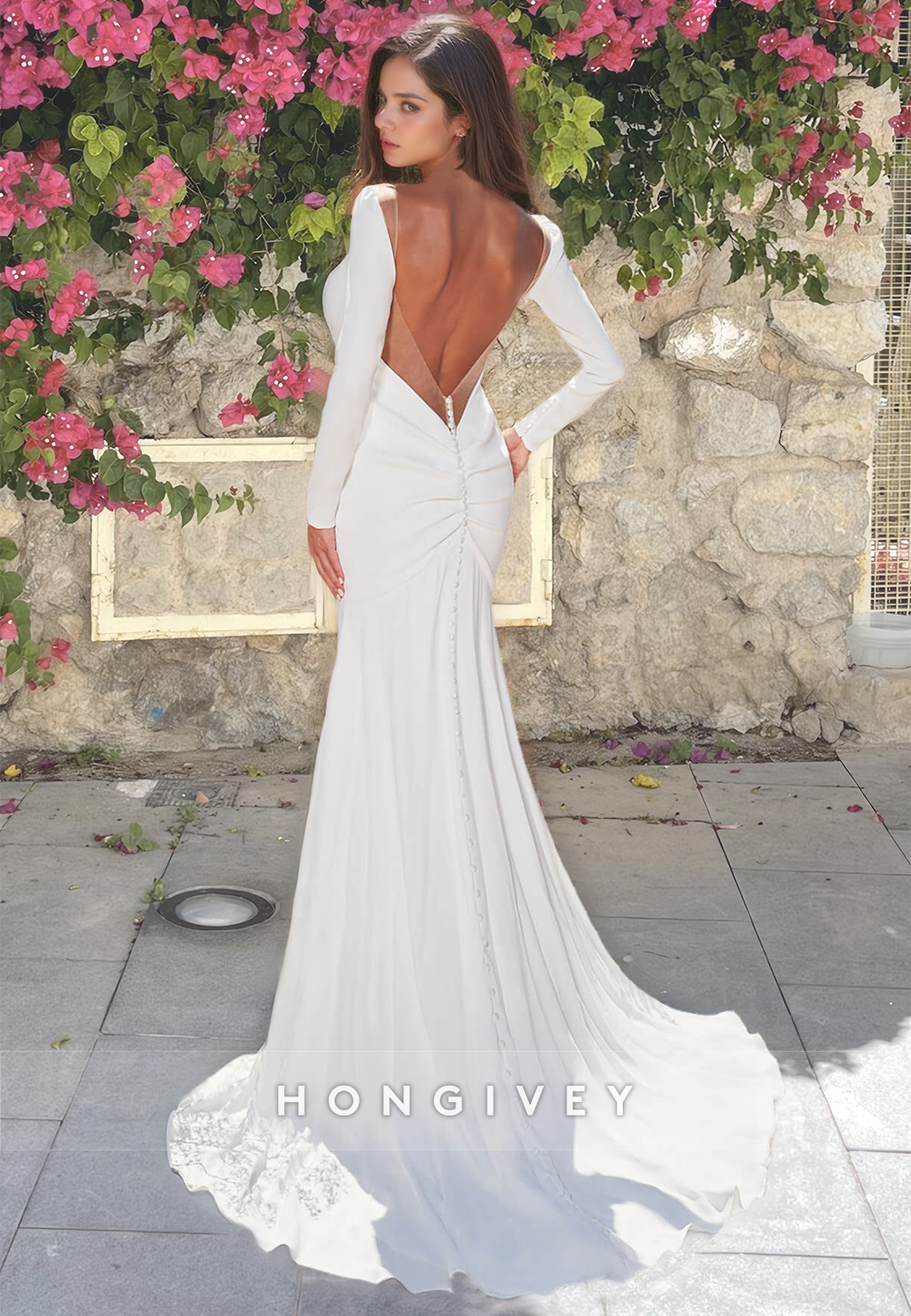 Vneck Long Sleeves Backless Buttons Mermaid Beach Wedding Dress