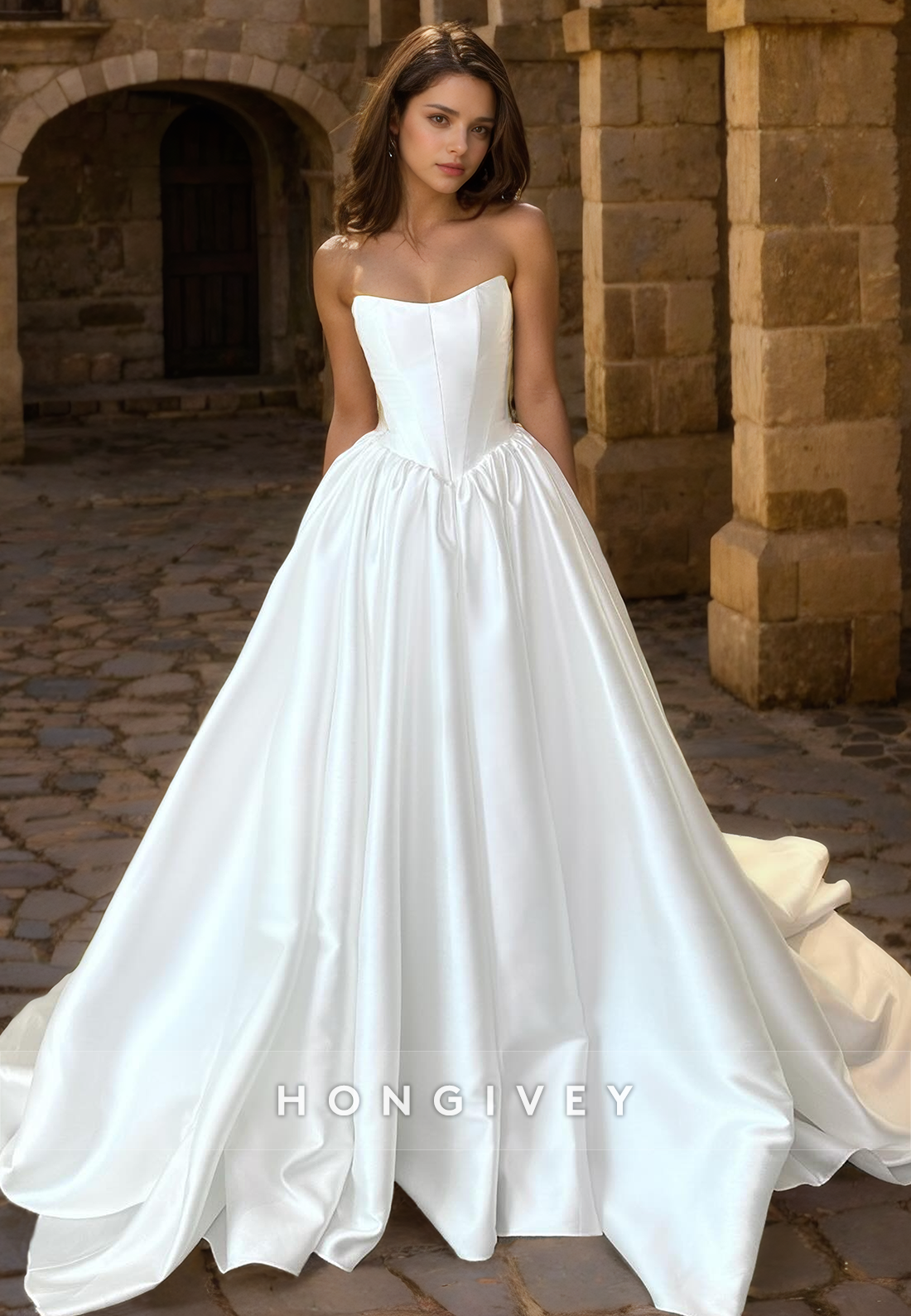 Satin Aline Bateau Strapless Sleeveless With Train Wedding Dress