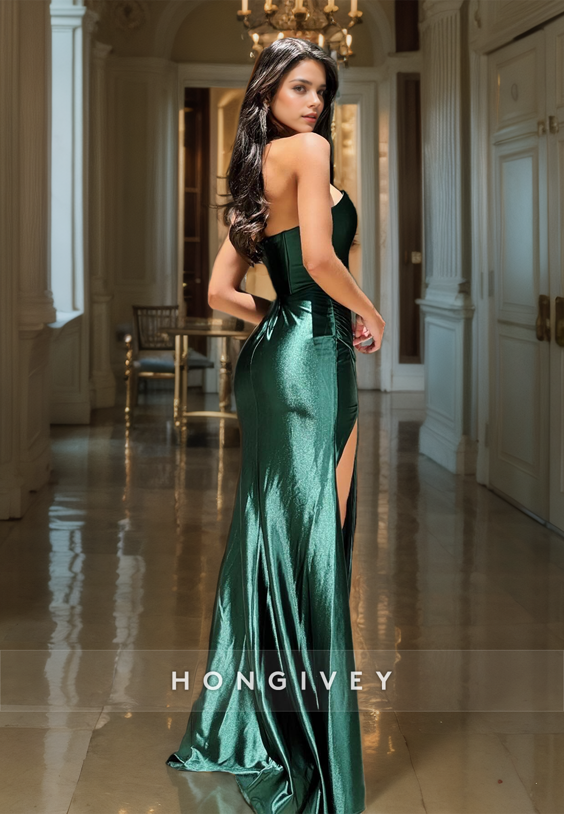 Classic Strapless Evening Dress Simple Dark Green Sleeveless Side Slit Formal Gown