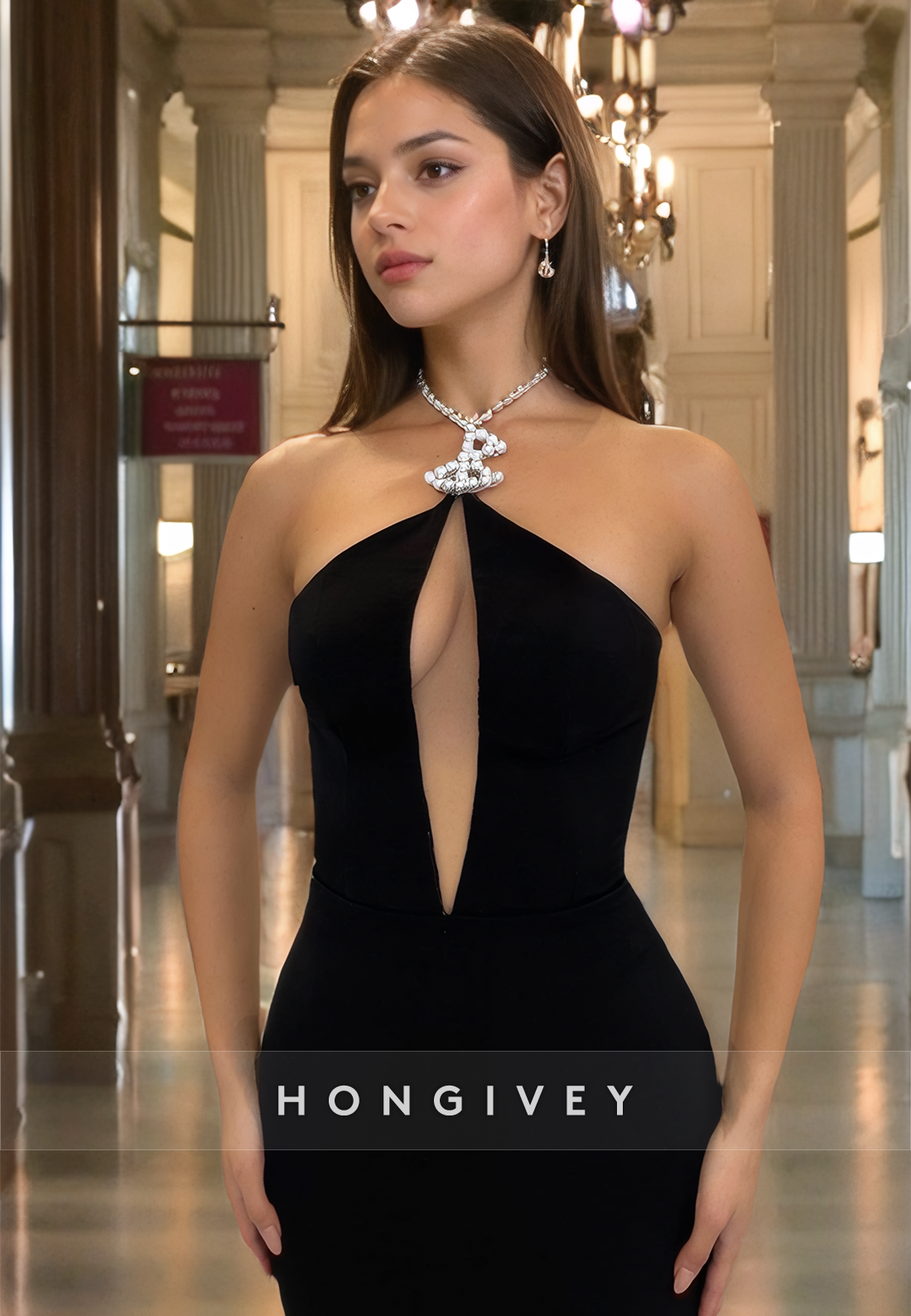 Sexy Black Halter Fitted Empire Waist Sheath Satin Evening Dress Formal Party Gown