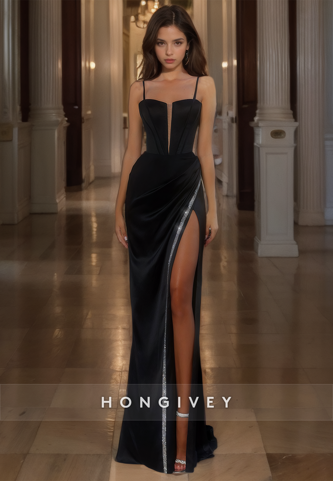 Design Black Sexy Square Straps Evening Dress Formal Party Gown