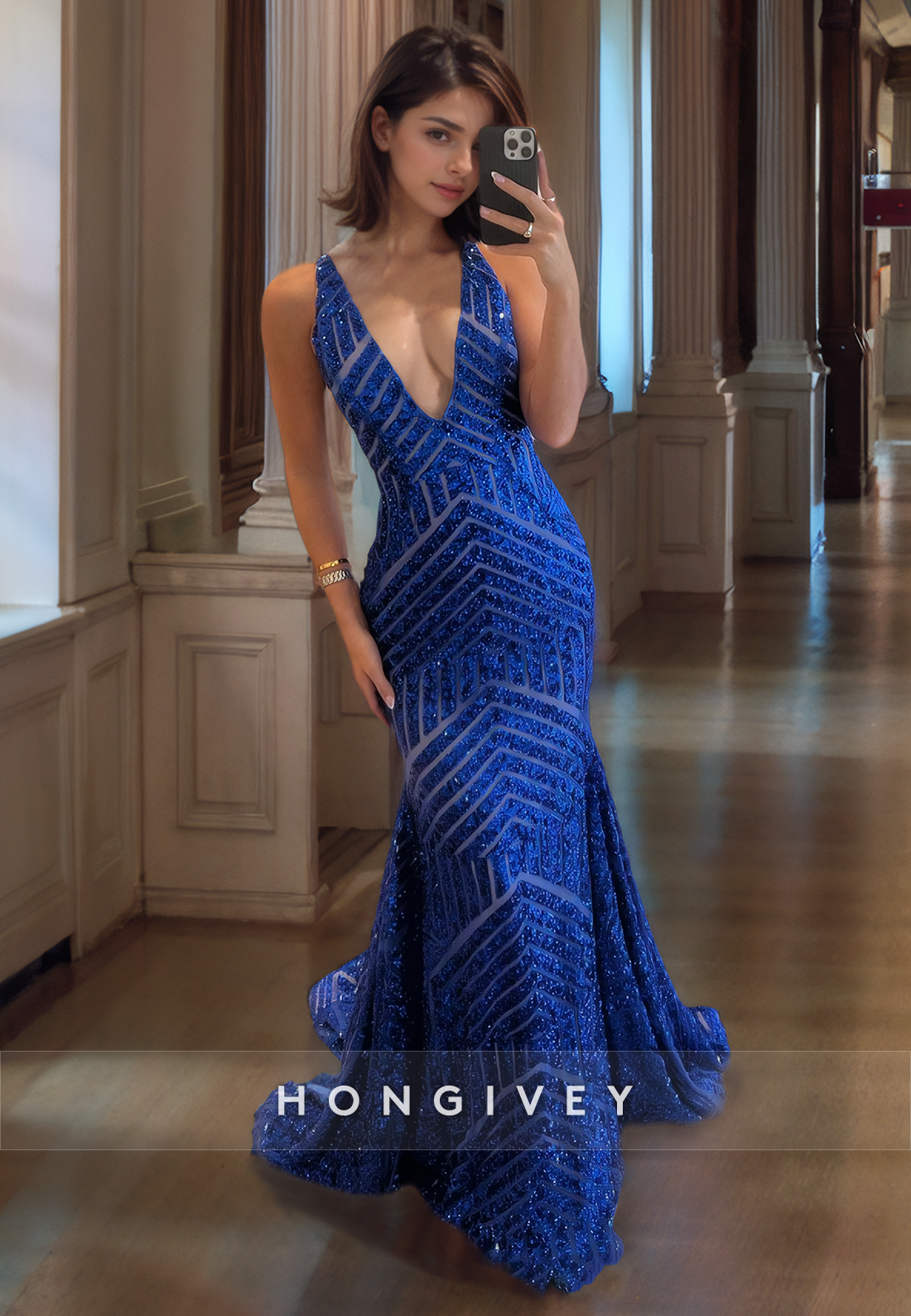 Special Blue Vneck Sequined Mermaid Evening Dress Party Gown