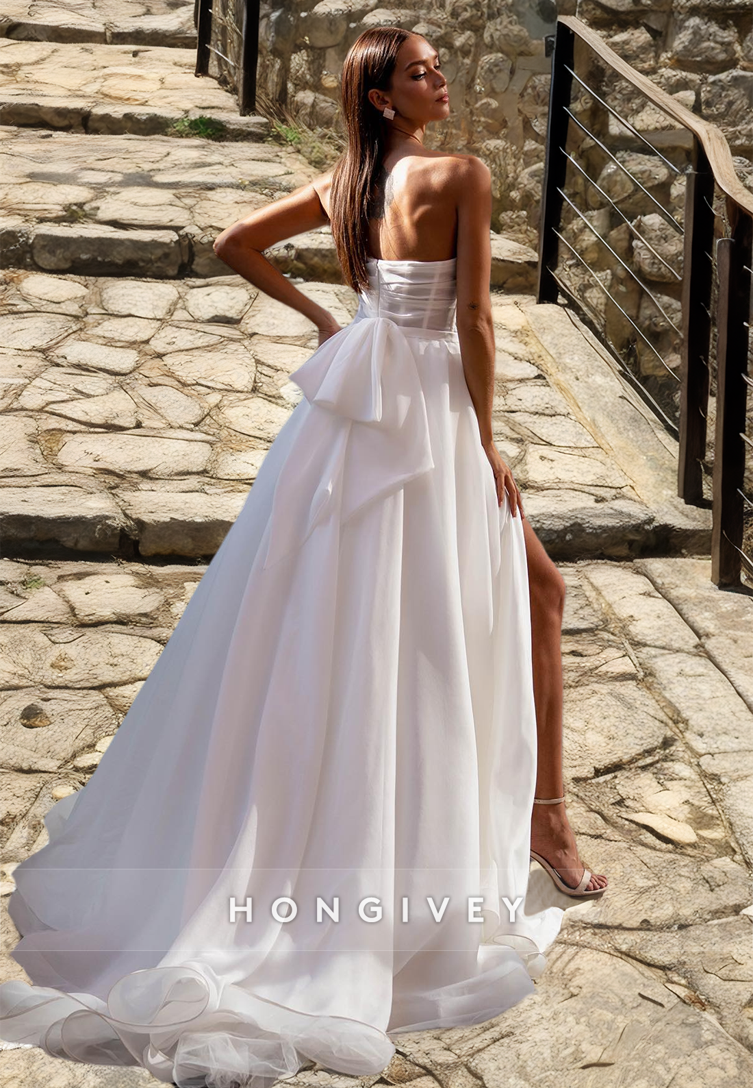 Illusion Strapless Laceup Back Bow Detail With Train And Slit Wedding Dress