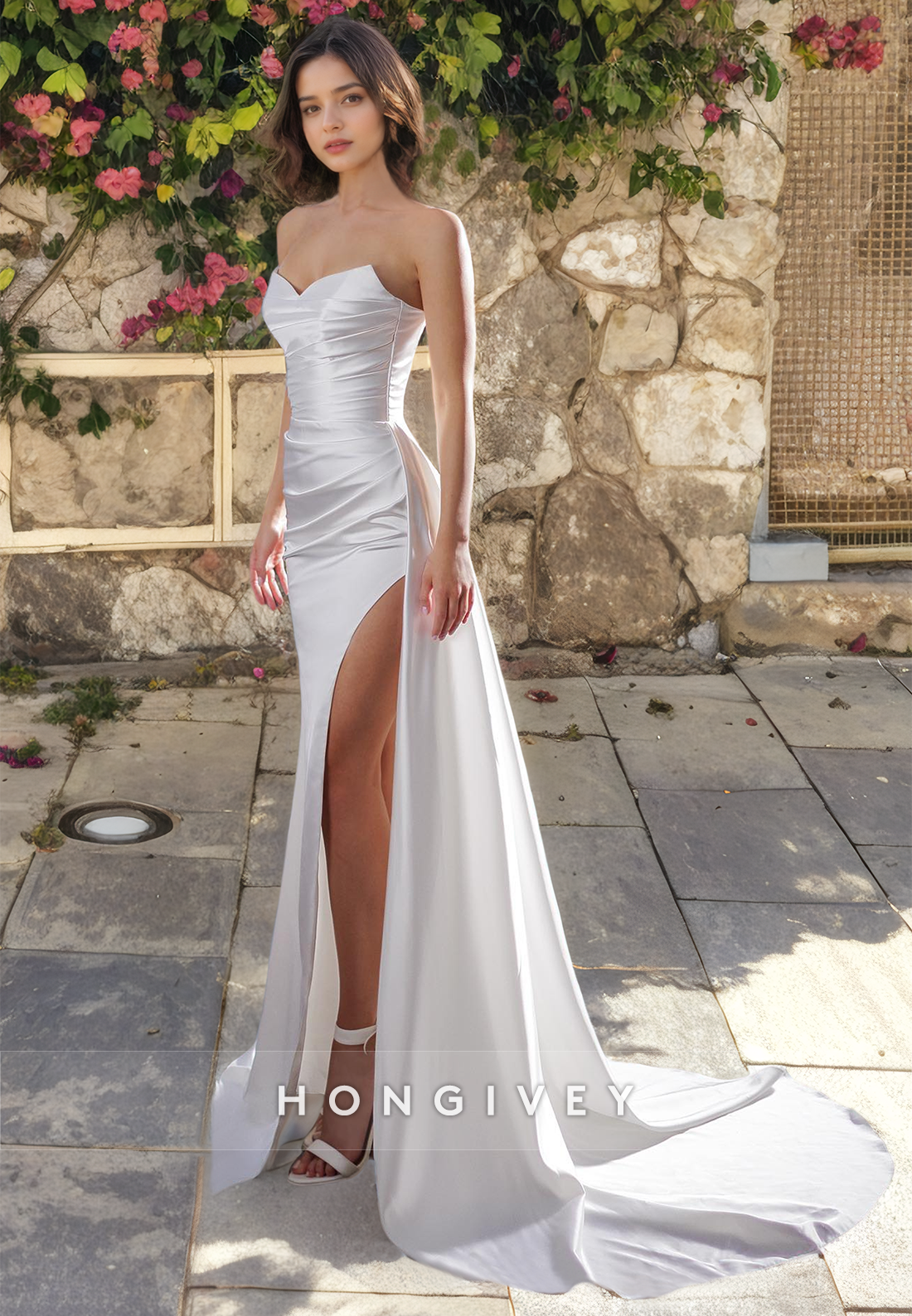 Satin Strapless Sleeveless Pleats With Side Slit Train Wedding Dress