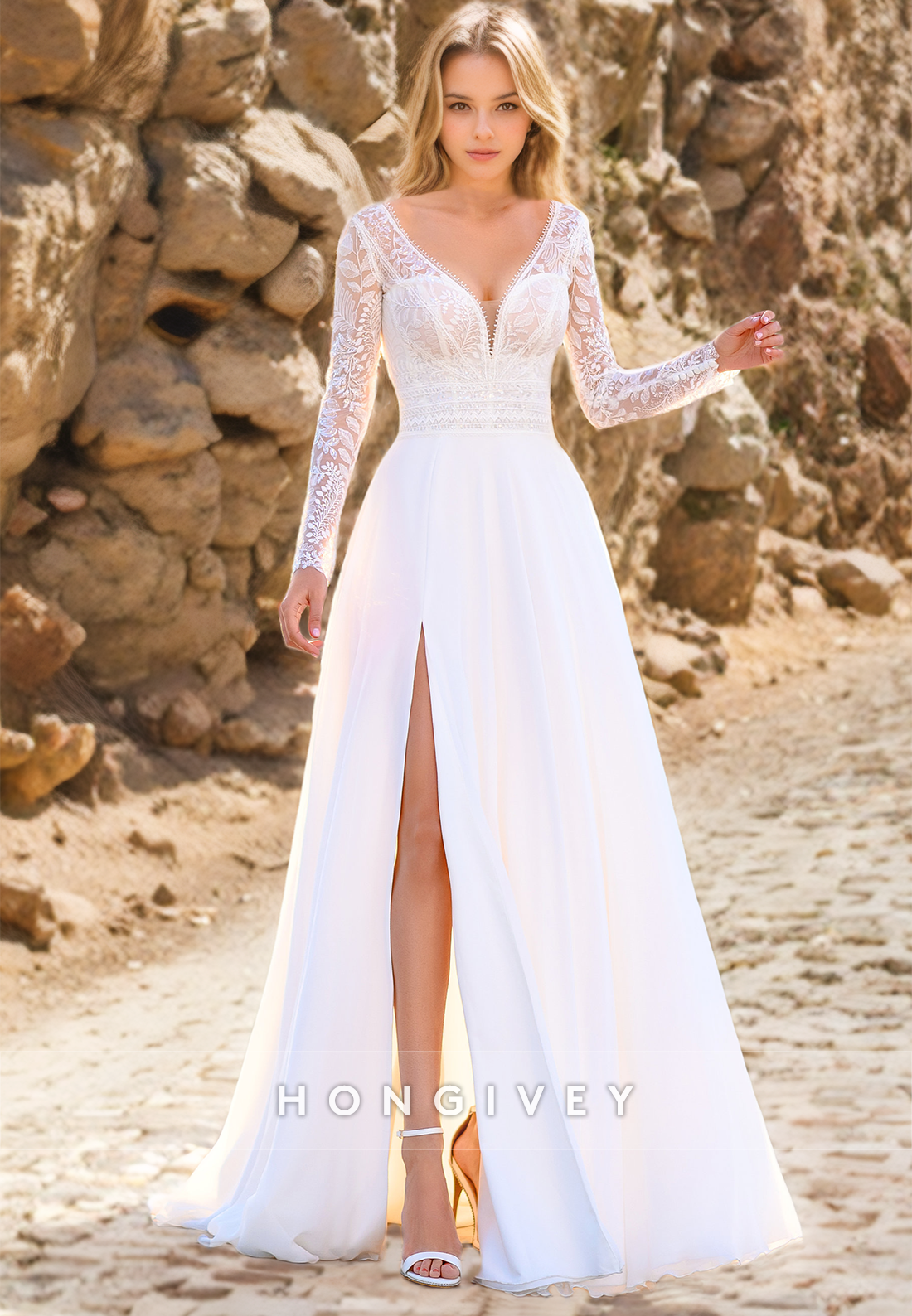 Elegant Aline Vneck Long Sleeve With Side Slit Boho Wedding Dress