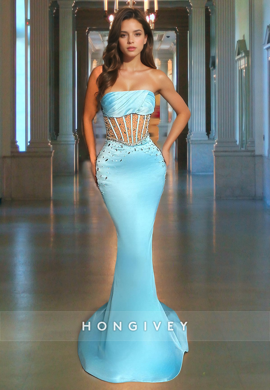 New Sexy Applique Beaded Sheer Mermaid Formal Gown Evening Dress