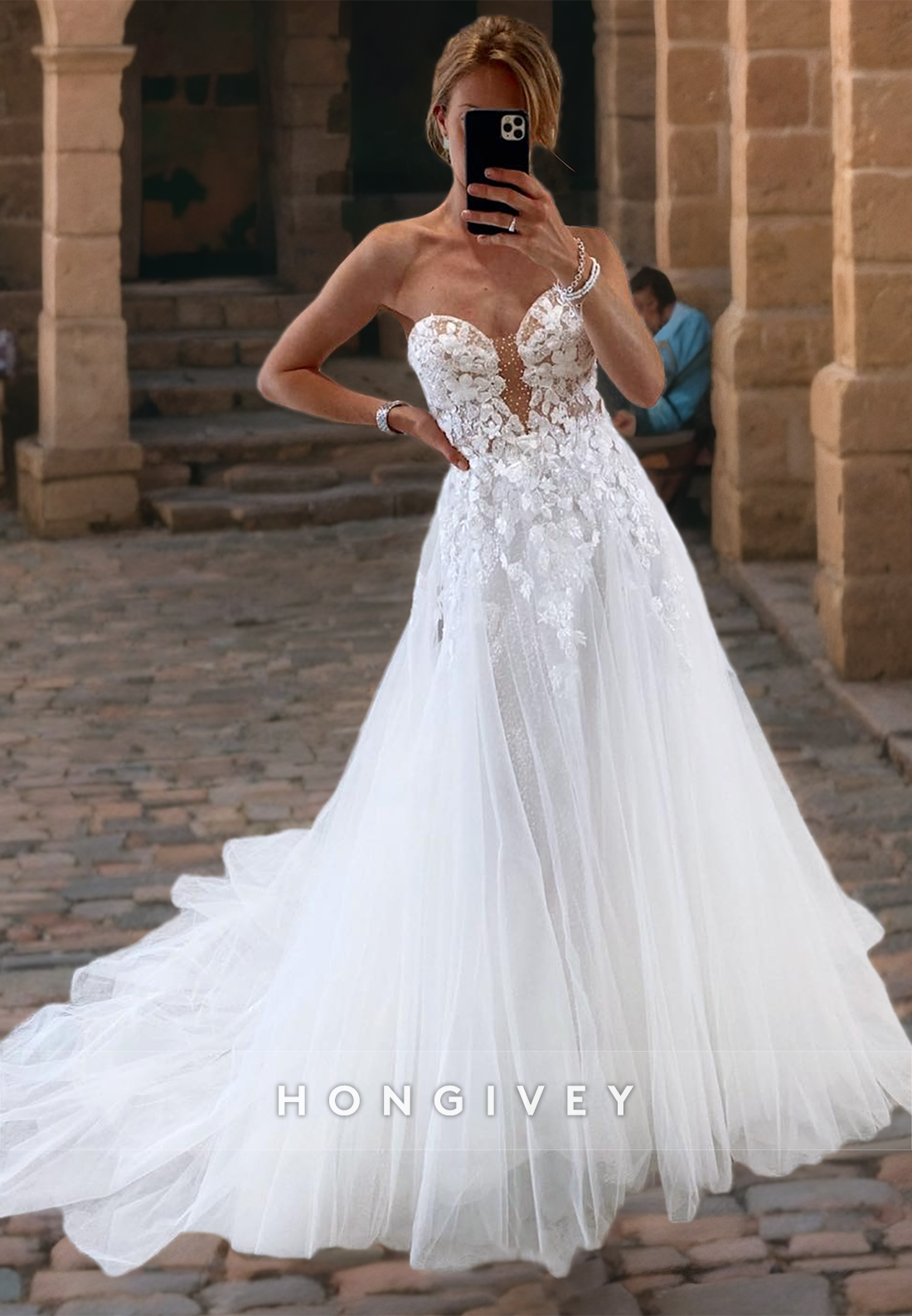 Sweetheart Strapless Lace Applique Illusion Tulle Aline Beach Wedding Dress