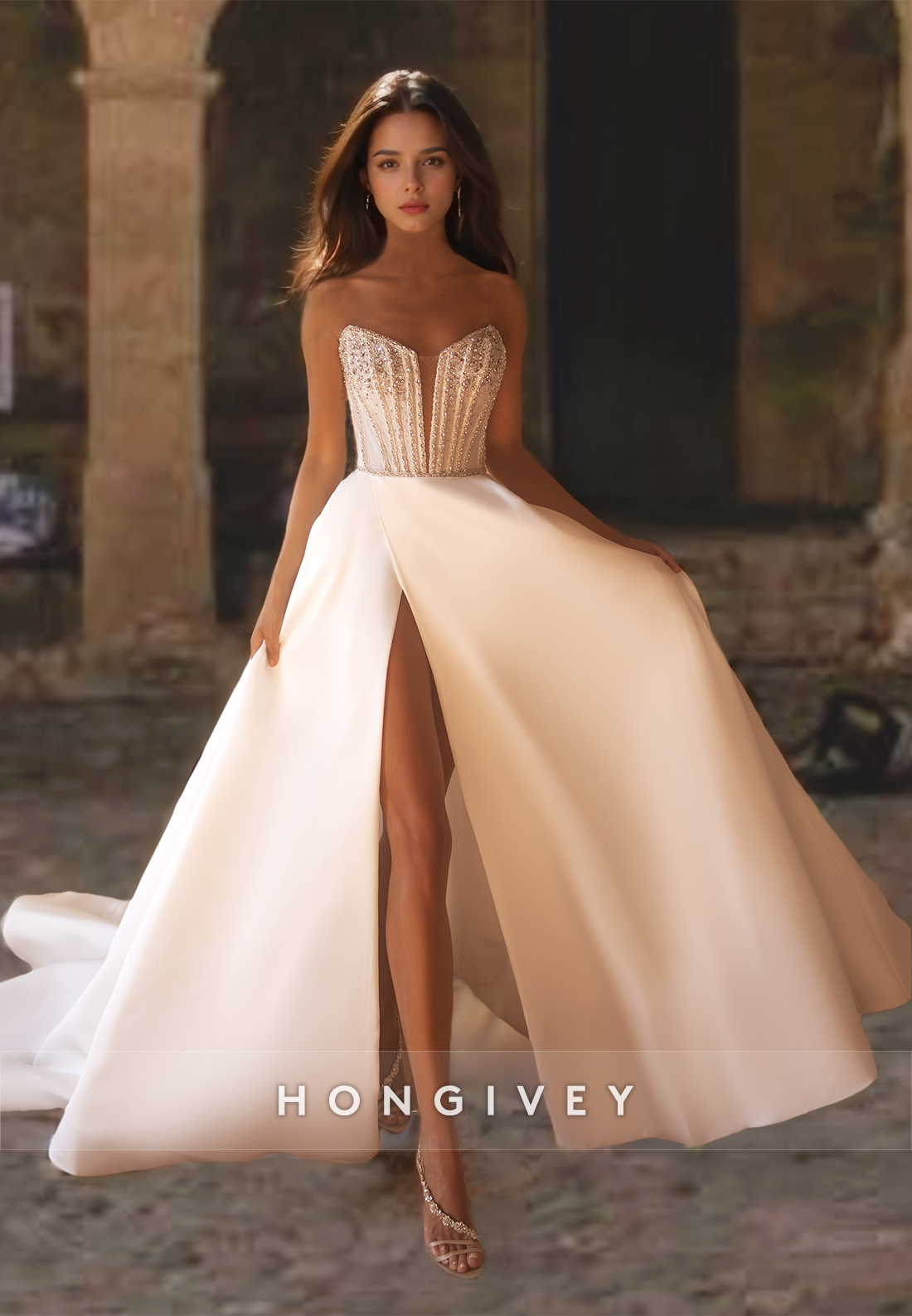 Sexy Strapless Side Slit Beaded Applique Aline Satin Wedding Dress