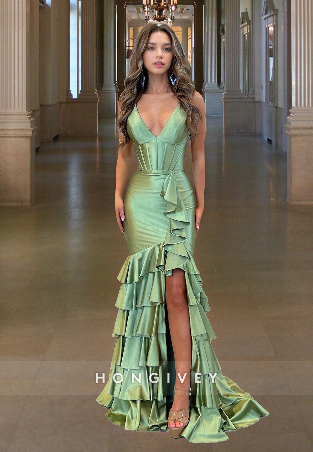 Sexy Vneck Ruffles Dusty Sage With Slit Formal Evening Party Prom Dress