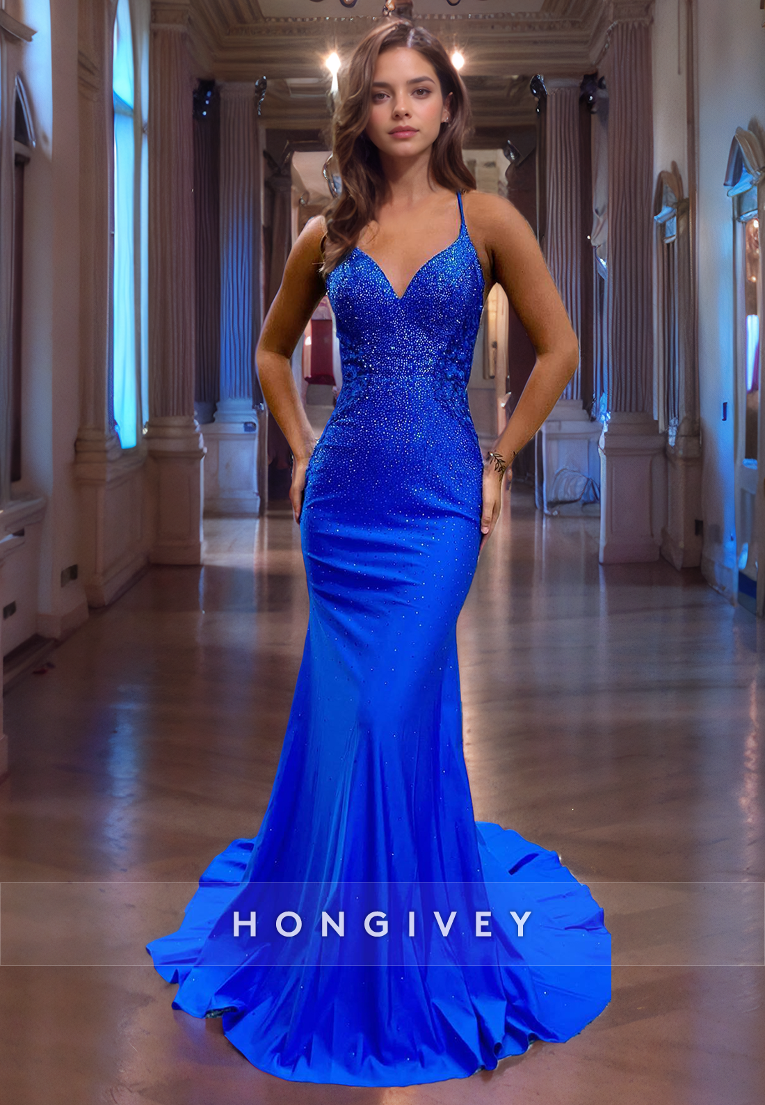 Sparkle Spaghetti Straps Vneck Trumpet Blue Evening Dress Formal Party Gown