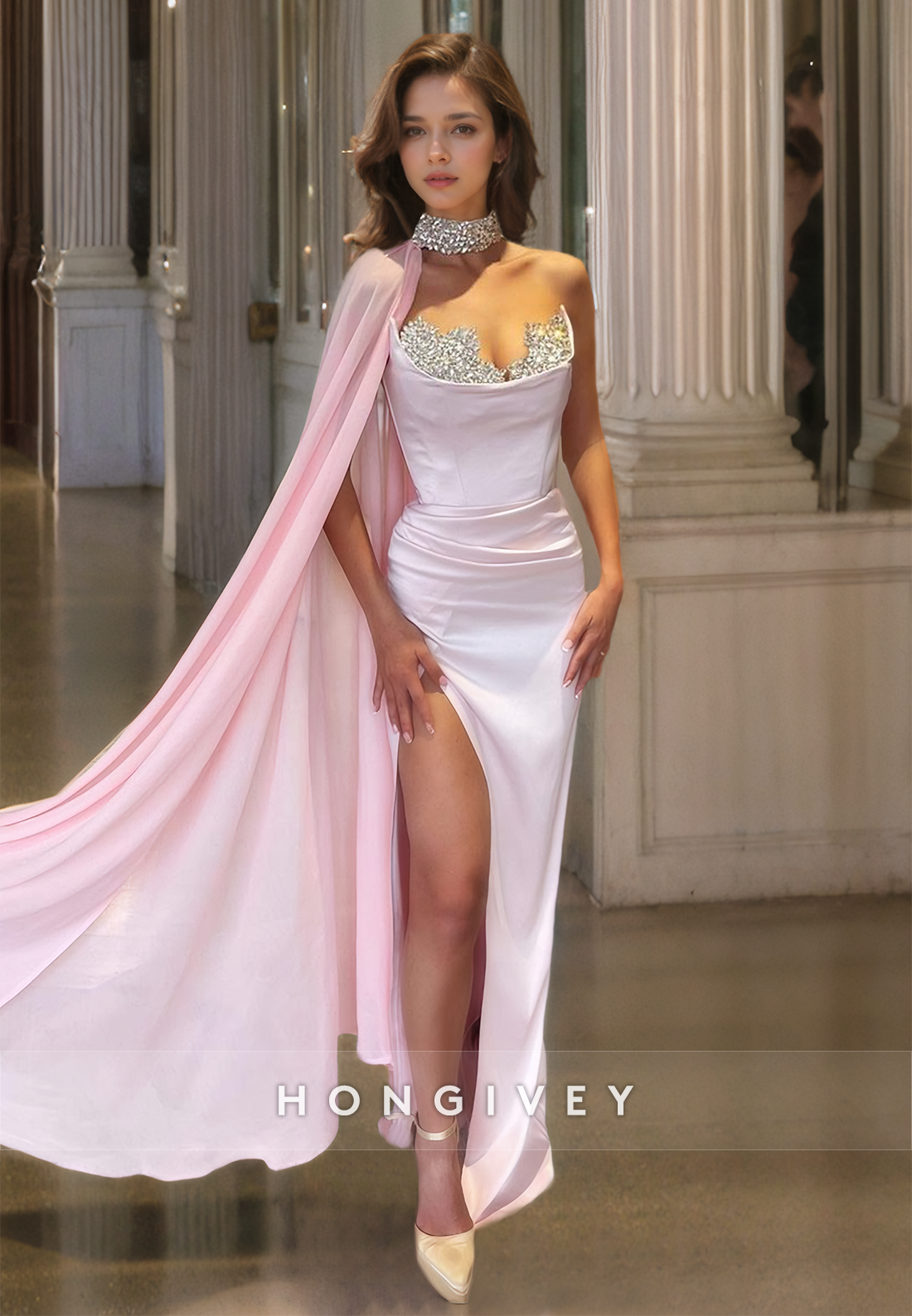 Pink Beaded Halter Sheath Formal Evening Dress With Cape Satin Party Gown