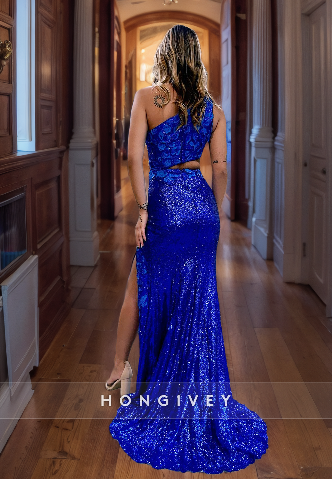 New Floaral Sequined Evening Dress Stunning Royal Blue One Shoulder Formal Party Dress