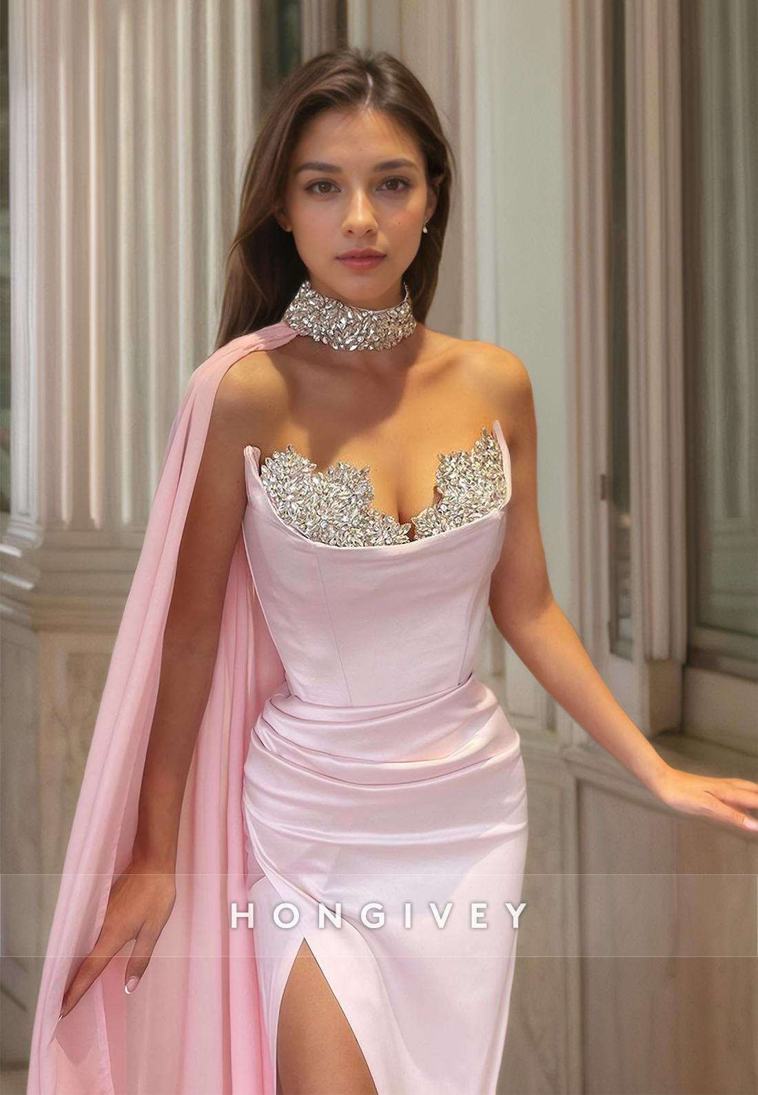 Pink Beaded Halter Sheath Formal Evening Dress With Cape Satin Party Gown