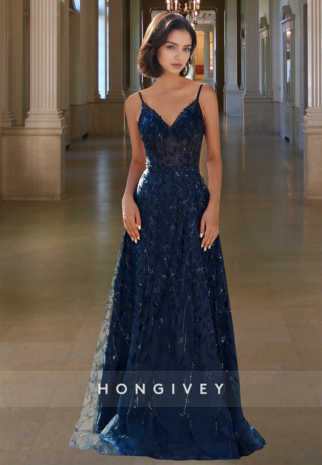 Dark Navy Full Applique Straps Aline Formal Evening Party Prom Dress Ball Gown