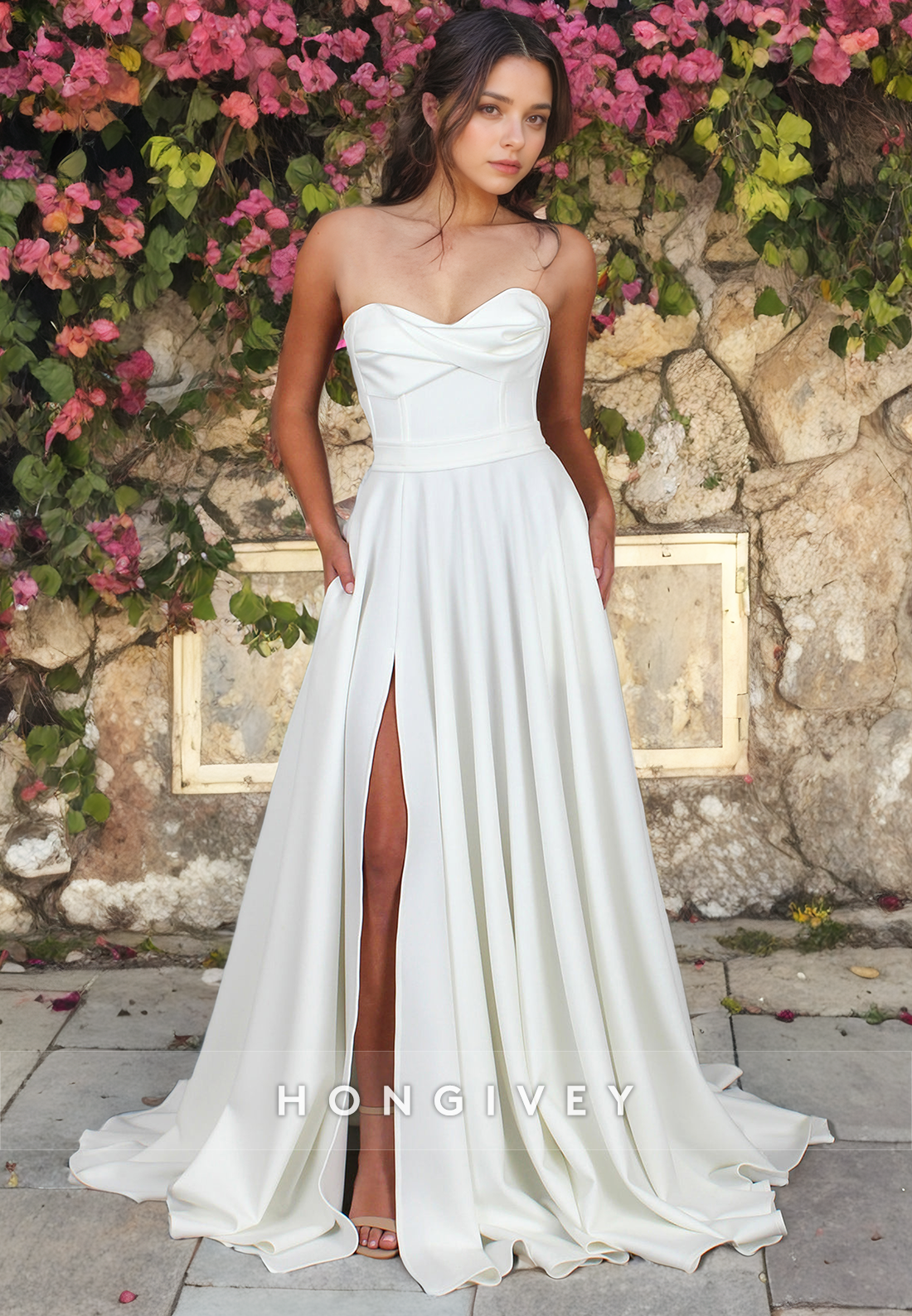 Chic Strapless Bow Aline With Belt Satin Wedding Dress Bride Gown