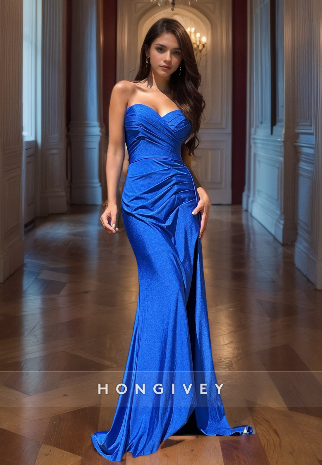 Elegant Royal Blue Strapless Mermaid Evening Dress Formal Party Gown High Quality