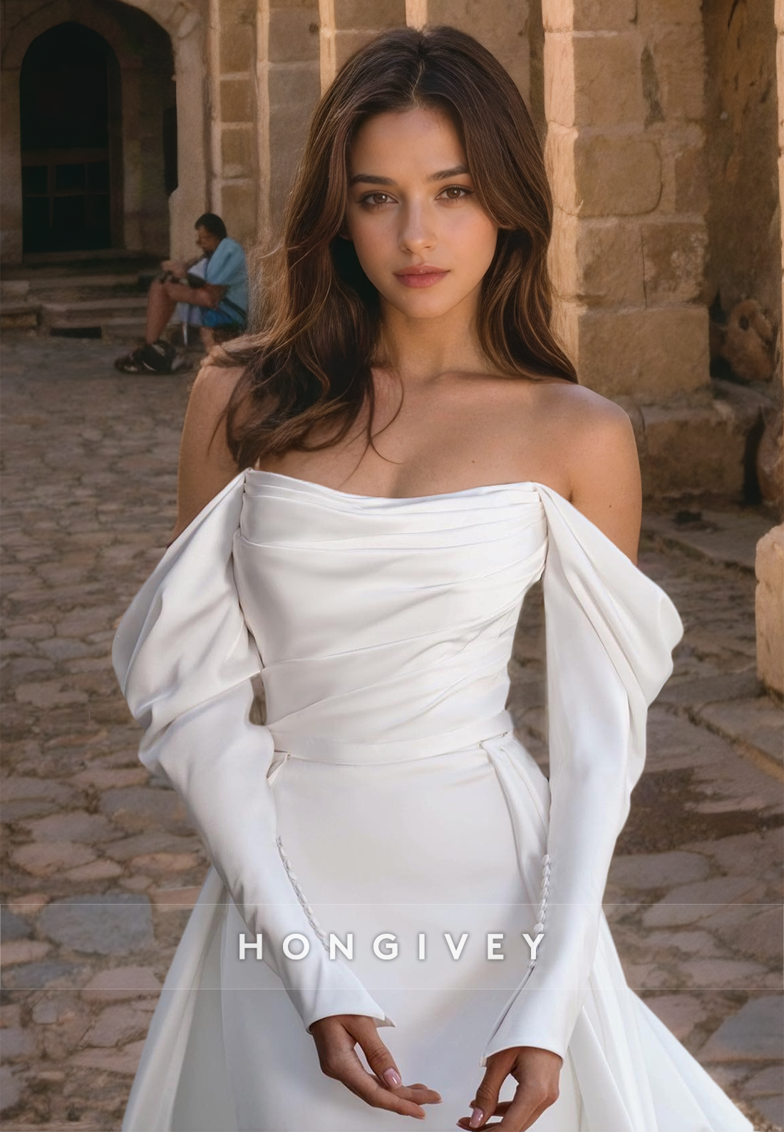 Offshoulder Long Sleeve Empire Pleats With Side Slit Wedding Dress