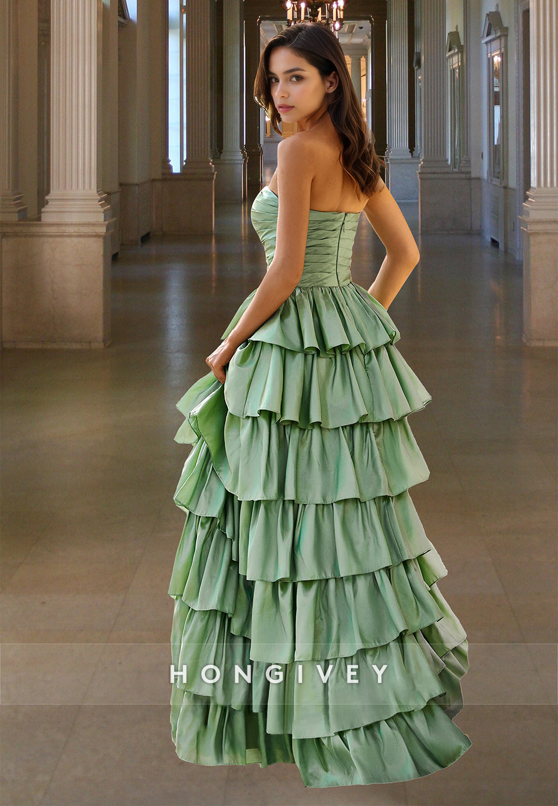 Green Solid Strapless Tiered Aline Quinceanera Evening Party Prom Dress