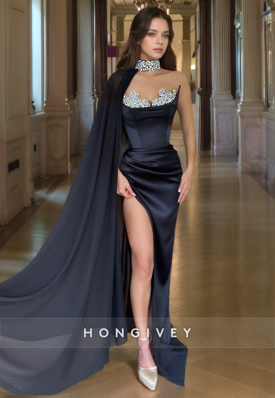 Elegant Black Beaded Formal Evening Dress With Cape Floor Length Prom Gown