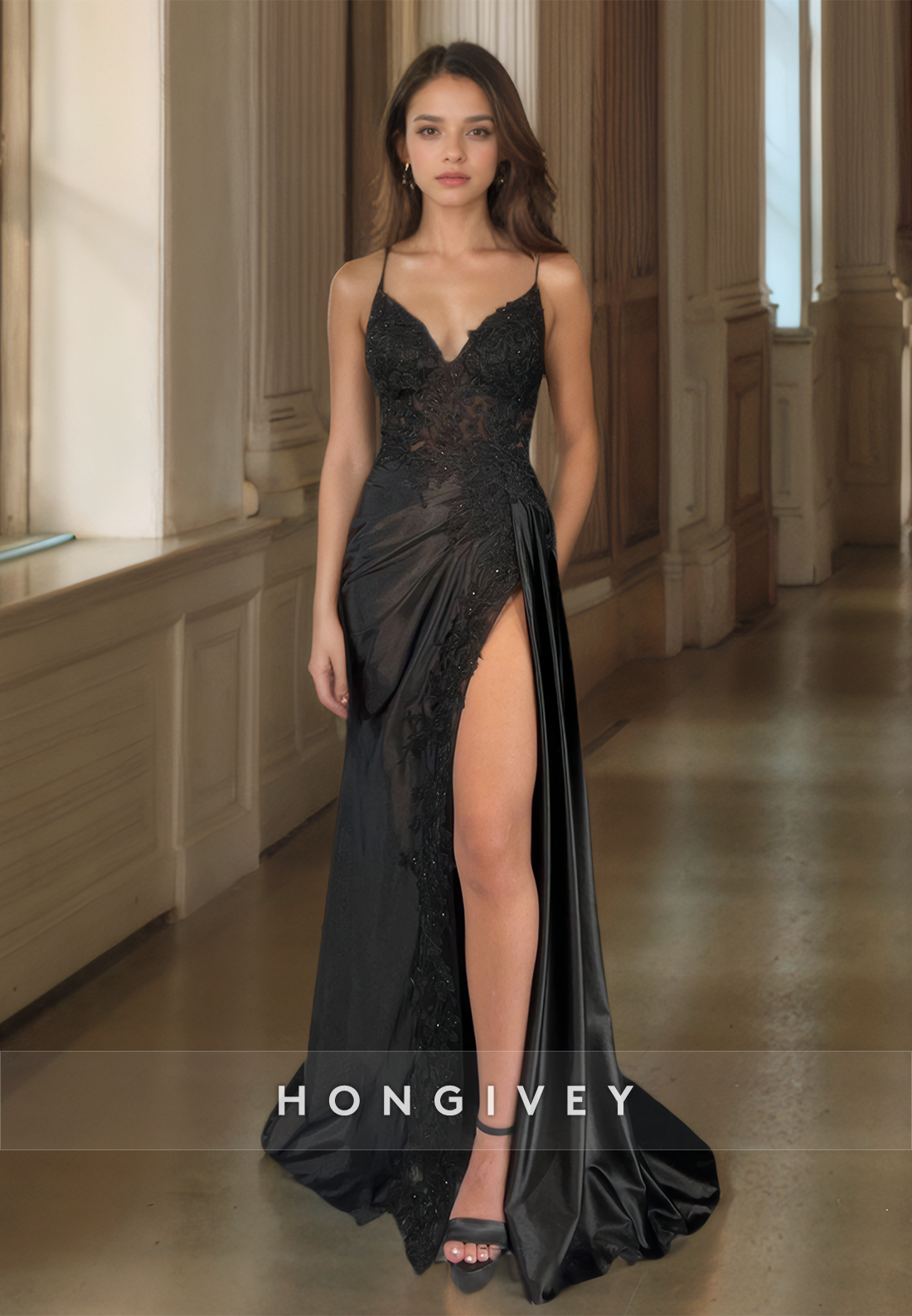 Sexy Straps Backless Black Formal Evening Dress Lace Floor Trumpet Prom Gown