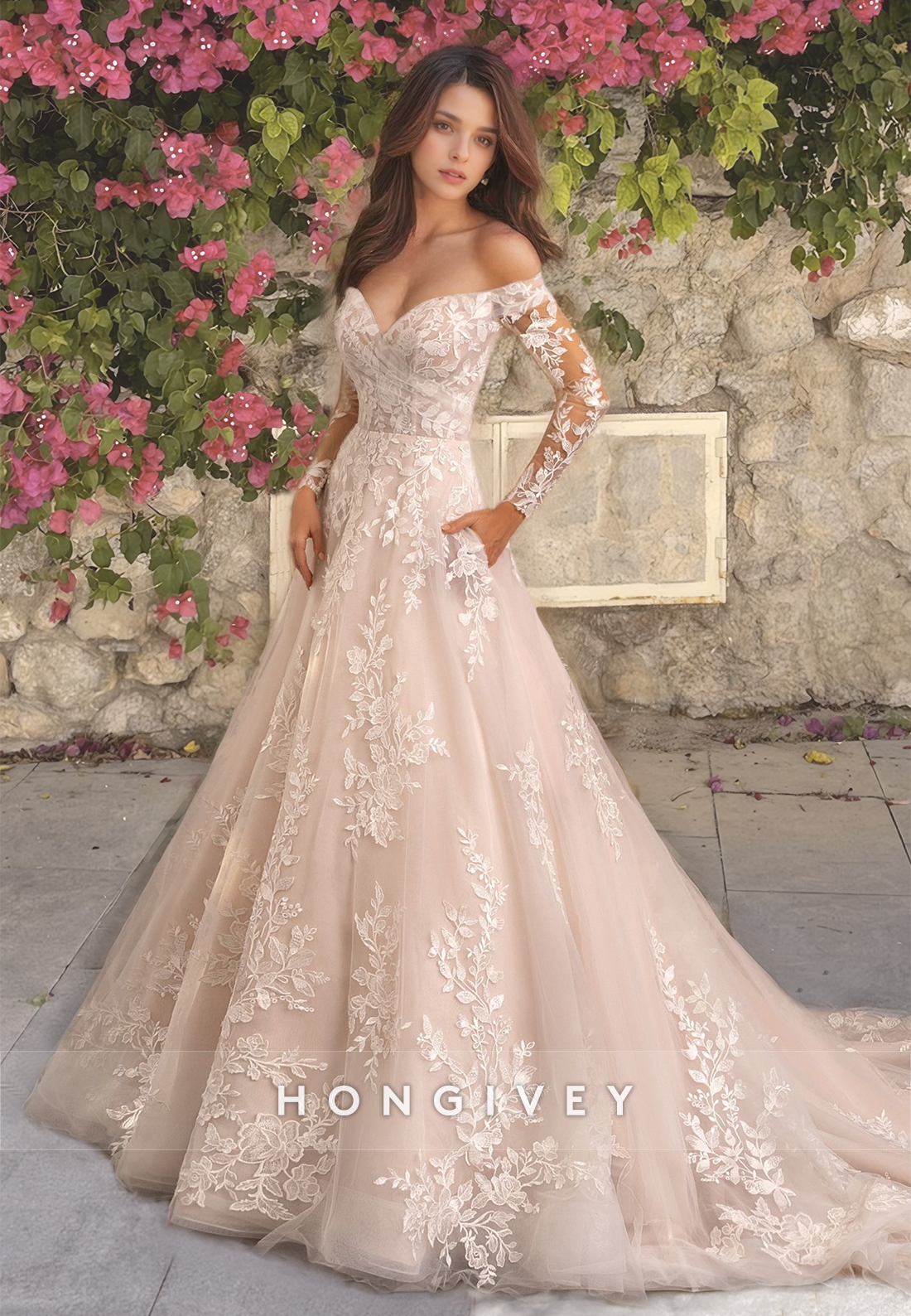 Sexy Tulle Aline Offshoulder Long Sleeve Empire Appliques With Pockets Train Wedding Dress