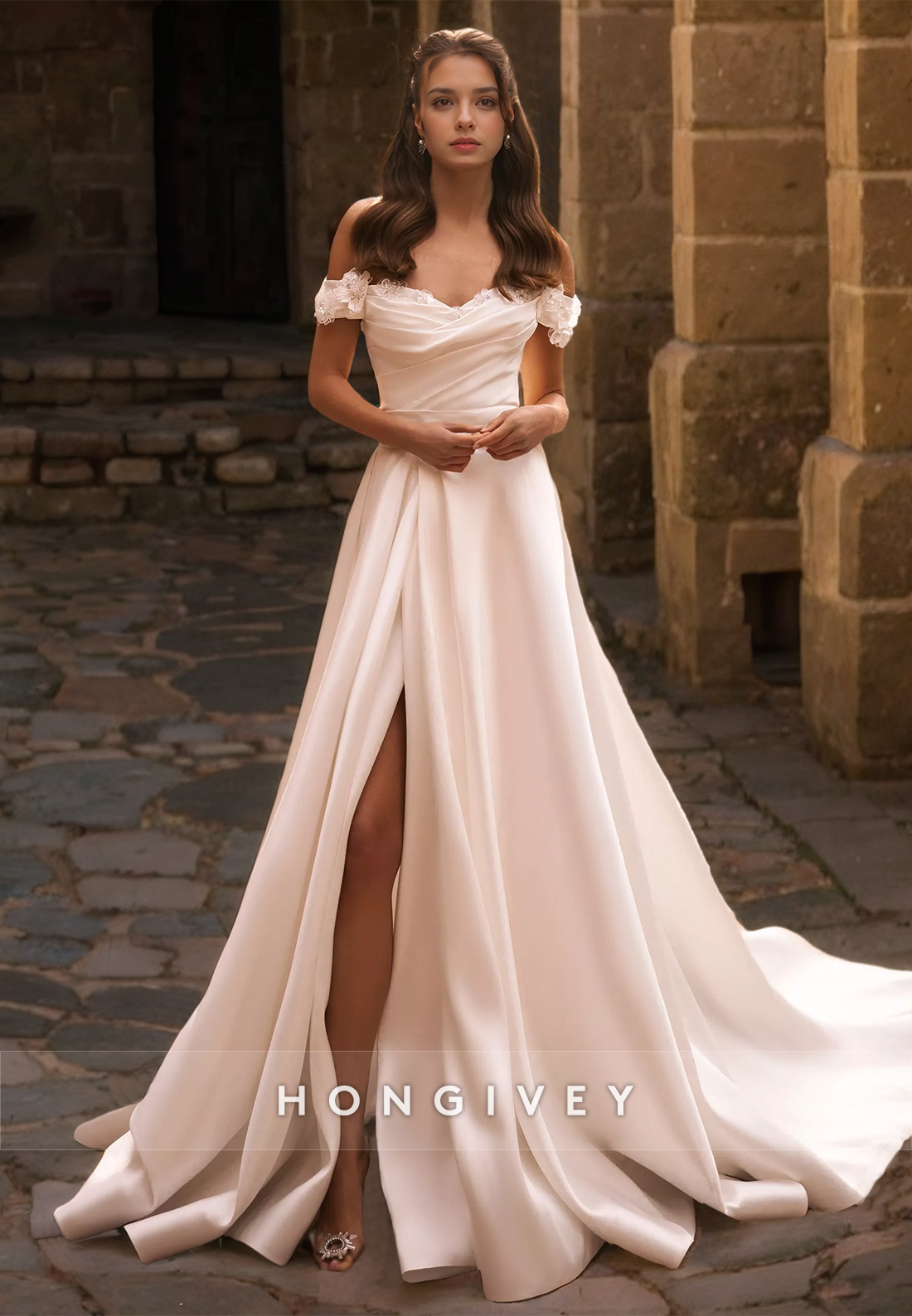 H Sexy Satin Aline Offshoulder Empire Ruched With Side Slit Train Wedding Dress