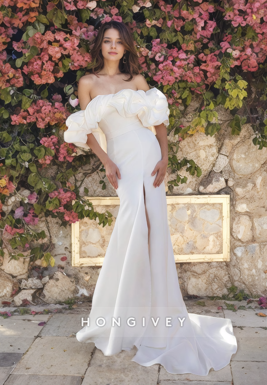 Chic Offshoulder Ruched Trumpet Satin With Side Slit Wedding Dress Bride Gown