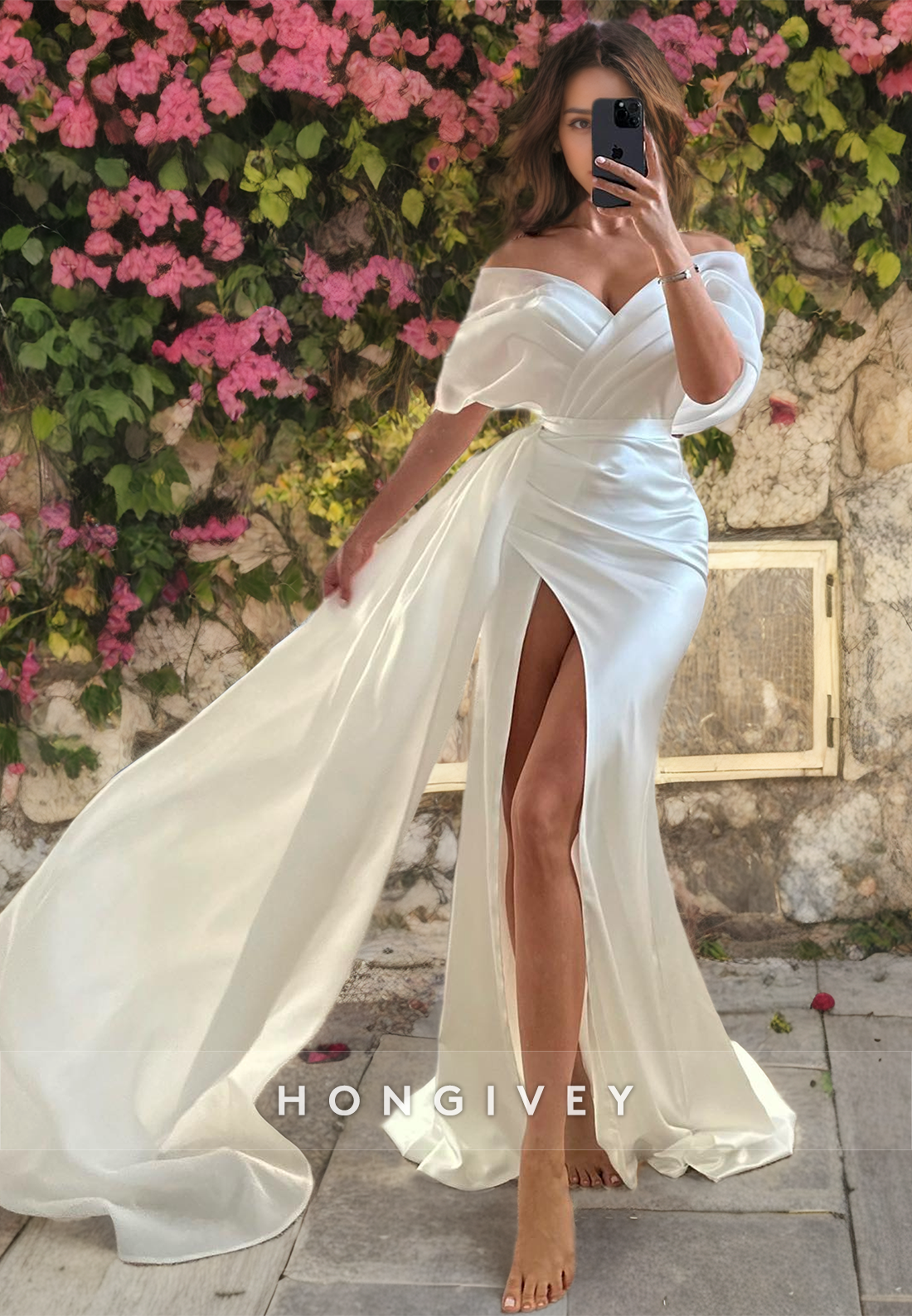 Satin Trumpet Offshoulder Ruched With Side Slit Train Wedding Dress