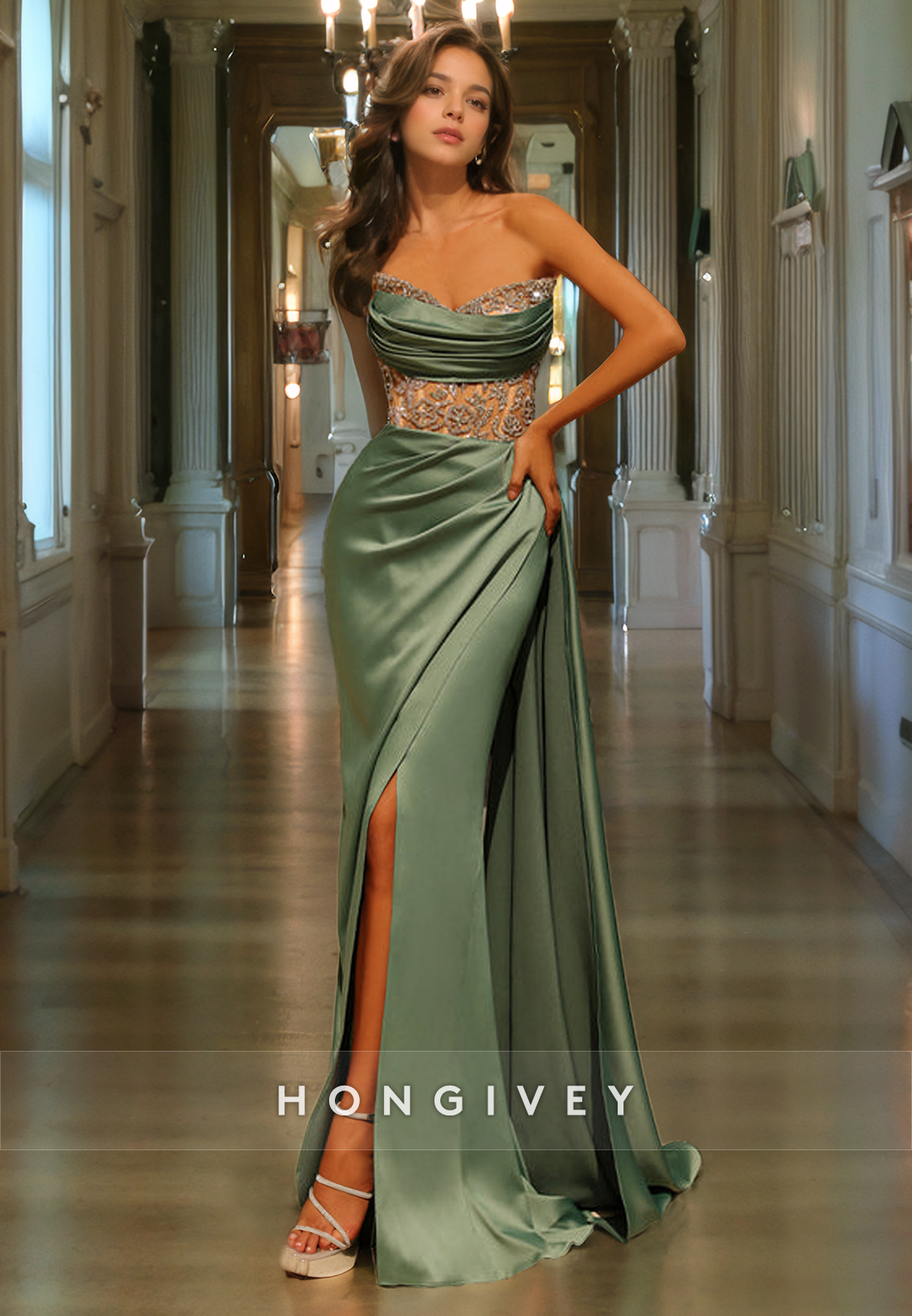 Beaded Ruched Sheer With Train Satin Formal Party Gown Evening Dress